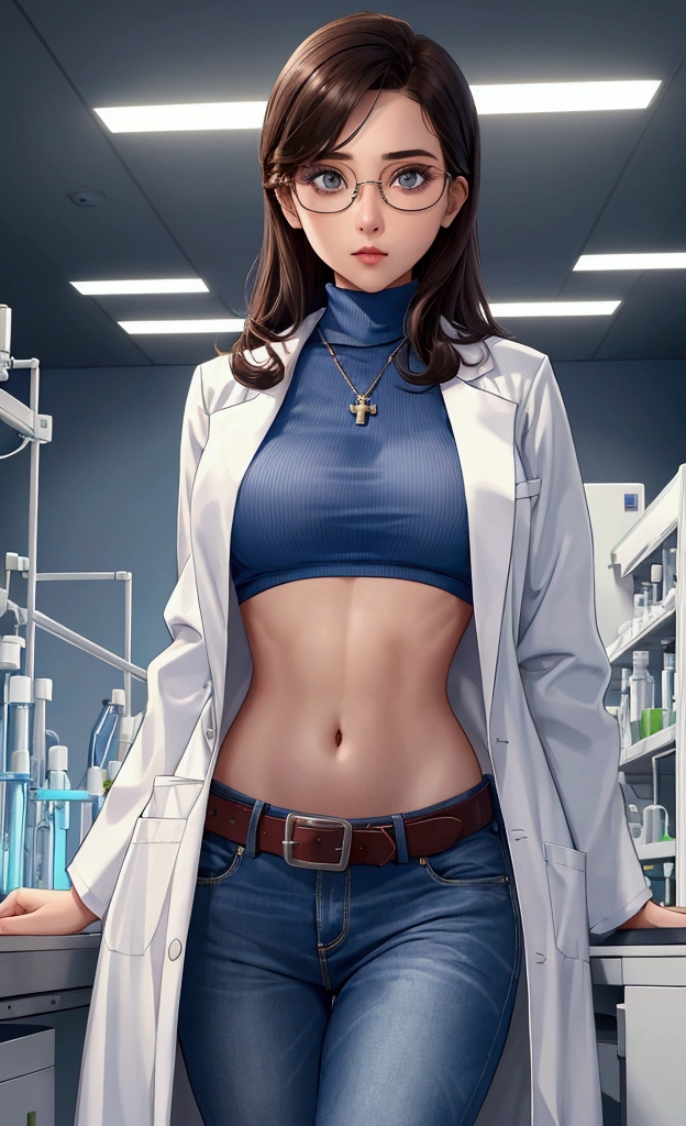 Girl in Laboratory, Turtle-neck, lab coat, showing navel, belt, Exposing the abdomen below the navel, well-dressed, glasses, blue jean, laboratory