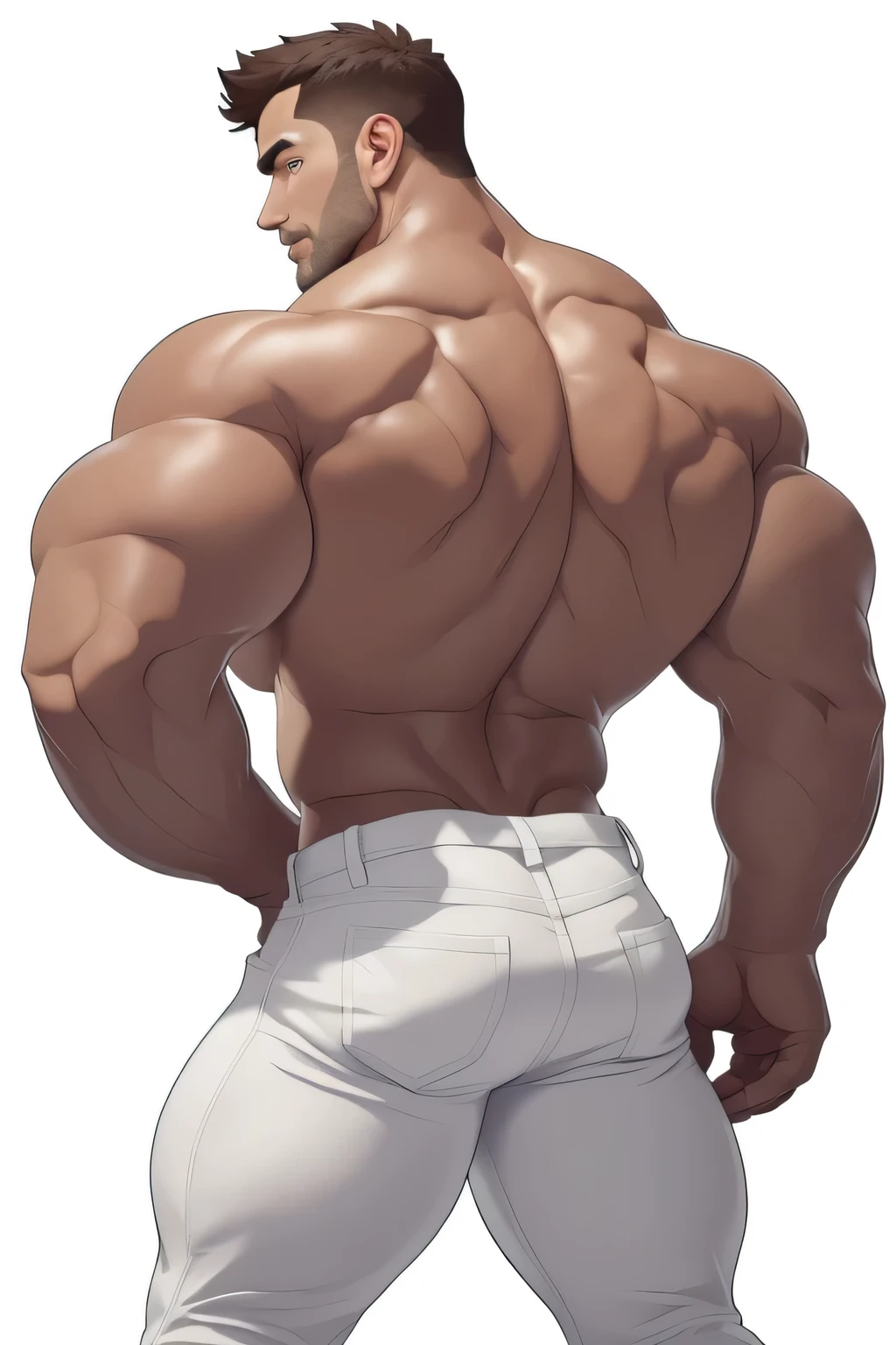 masterpiece, handsome , clear face, clear, eyes,back view,best quality, muscular, bara, mature male ,brown anime haircut, large pectorals, huge arms and hands, thick eye brows, wearing white jeans, white background