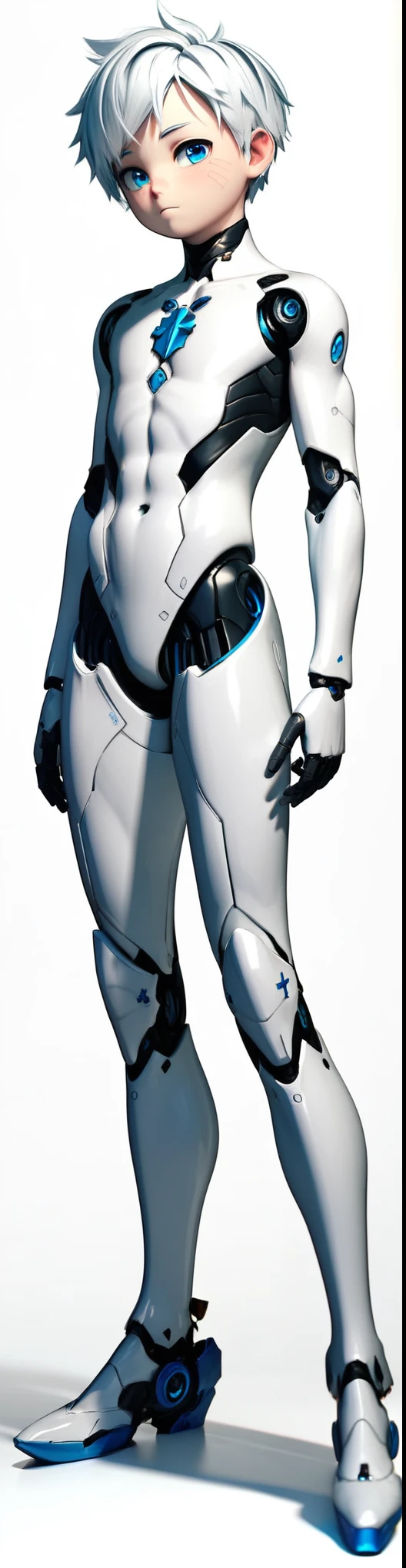 (((Full body image))) of A lifelike android robot (((boy))), intricate android seams on smooth glossy fair skin, short white hair, beautiful blue eyes, (best quality,4k,8k,highres,masterpiece:1.2),ultra-detailed, android,solo, ((shota)), white bodysuit with blue and black accents