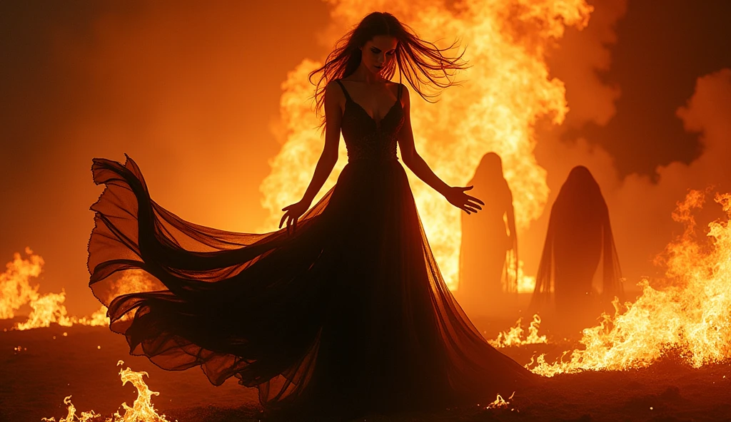 Sinister temptress with piercing red eyes and sharp fangs, dressed in an elegant yet revealing gown of midnight black, commanding the elements as she dances in a circle of hellfire, with dark entities emerging from the flames.