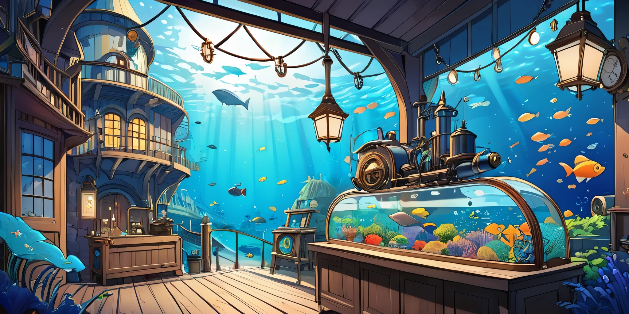 Draw a lofi anime poster, village, Sous marin, Steampunk Decoration, faire, lumière, poisson, a beautiful color palette in bleu, couleurs saturées vibrantes, ouvrages d'art, days, animated theme