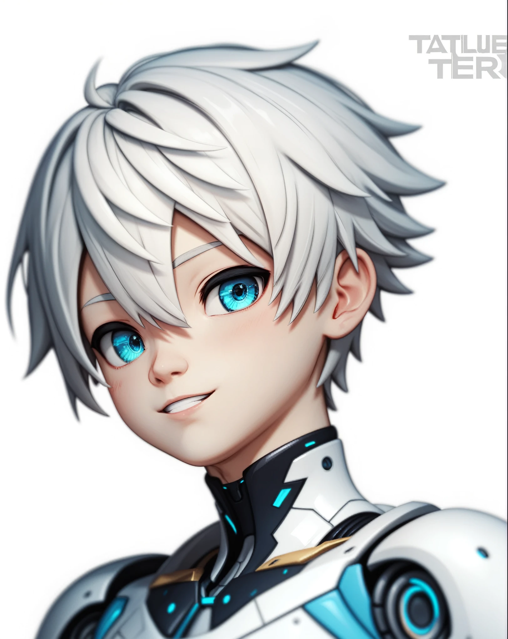 (((Full body image))) of A lifelike android robot (((boy))), intricate android seams on smooth glossy fair skin, short white hair, beautiful blue eyes, (best quality,4k,8k,highres,masterpiece:1.2),ultra-detailed, android,solo, ((shota)), white bodysuit with blue and black accents, small smile