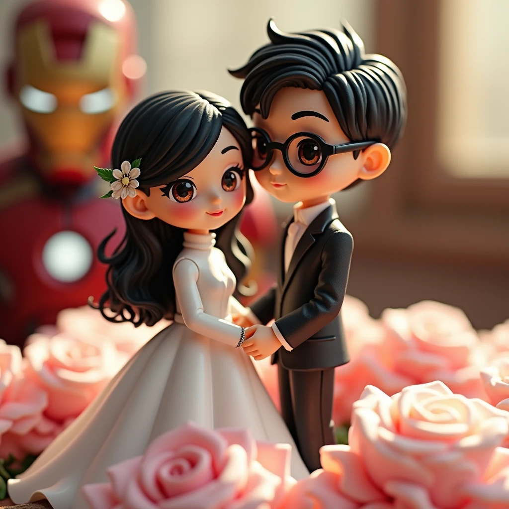 Anime-style wedding statue, Qibi bride and groom doll, detailed close-up, white turtleneck sleeve wedding dress, bride with white flower accessories, groom with round glasses, long black hair and, two people holding hands, standing on a pink and white rose bed, blurred background and Iron Man image, high quality, clear focus, soft lighting, kawai style"