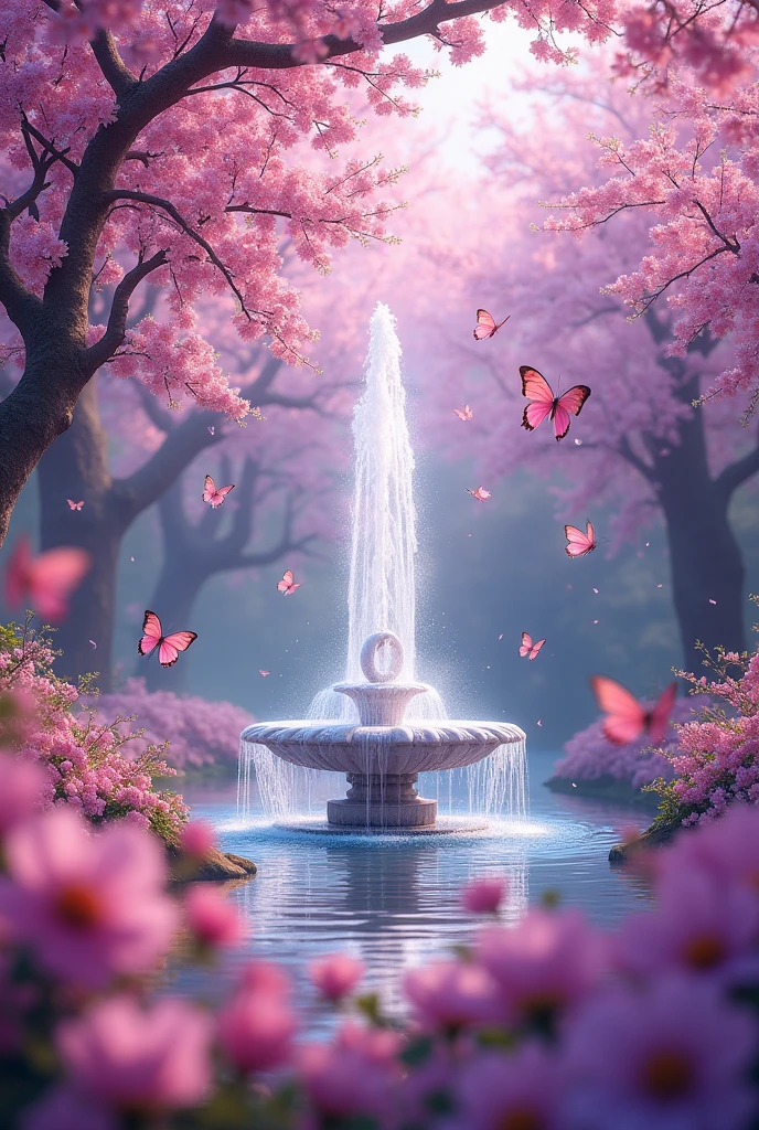 A fountain and there many pink and purple colour flower and many cherry tree and many pink colour butterflies and many purple colour  light  and around many love bird         