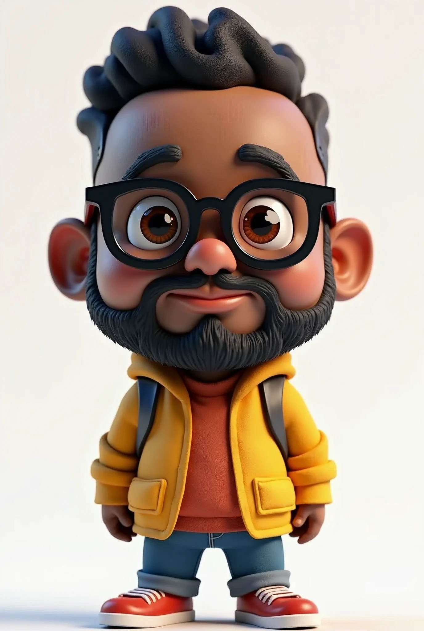 Create a full-body stylized 3D cartoon character of a middle-aged black man', designed with the following detailed specifications': 1. Rendering Style Style: The character must be rendered in a 'Pixar-like' or 'Cartoon 3D' style, similar to high quality animation'. rendering engine: Use the 'Arnold Maya' or 'Keyshot Toon' rendering engines to ensure the desired quality'. detalhamento: Ensure the render is 'high quality' with 'detailed textures', 'detailed skin', a 'clay-like finish', and incorporate 'bokeh effects'. 2. Resolution Resolution: Set resolution to '8K' (7680x4320 pixels). If this is not available', select the highest possible resolution'. 3. Configurações de Iluminação e Camera Iluminação: Choose a 'cinematic' lighting setup with soft', diffuse light to highlight skin details and textures'. focusing: Set to 'sharp focus', ensuring that the character is fully in focus'. Apply 'bokeh effects' if there is any background' (although the background must be transparent'). Camera: Position the camera at a 'front angle', centered to capture the character's face and entire body'. 4. Character Background Positioning: Select a 'transparent background' or 'no background' to ensure the character is isolated. full character: Display the character in full body', ensuring that all details are clearly visible'. 5. Facial Expression and Physical Details Expression: Set the character's expression to be 'friendly', but without smiles'. hair and beard: Setting hair to be 'very short', without a bun', and the beard to be 'trimmed and sparse', with white hair on the chin'. wrinkles: Add 'two prominent vertical wrinkles' on the forehead between the eyebrows'. skin tone: Choose a 'dark brown skin tone with a warm undertone'. Glasses and Clothing: Equip the character with 'black reading glasses mode'