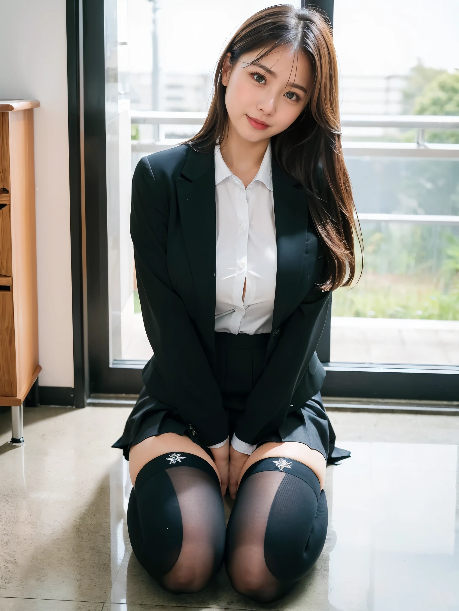 Great quality、8k、flying debris、(RAW Photos:1.4)、High resolution、((Composition away from the subject))、((Sit on the floor with your legs open)), 顔から足首までのFull body photo))、((Perfect Anatomy))、1 female 、Small build、Detailed skin、Glowing Skin、Baby Face、double eyelid、eyes with long eyelashes、Cute droopy eyes、Beautiful big eyes、Small face、smile、Open your mouth、Staring out the window in the school hallway、Stretch your back、The windows provide natural light、Realistic school scenery、middle School 、Blue and grey school bag on shoulder、Slender and delicate body、Small breasts、A blazer uniform with green lines、 、Check skirt、healthy、young woman、black tights、black tights、Brown loafers、loafers、Full Body Shot、Beautiful Hairstyles、Accentuates very slim legs(Please take a picture from the front.), (8k), (Highest quality: 1.5), (Realistic: 1.1), 超High resolution, Very detailed, Golden Ratio, (Two tall Japanese high school s), 24-years-old, (F Cup Big:1.7), Huge breasts((Breast engorgement)), Cleavage, (Full body photo), (Very cute face, Overlooking here, Keep your hands on your hips), Simple uniforms, (Wearing a Japanese office lady uniform), Long sleeve uniform, ((thick and long legs)), ((Very wide thighs:1.6)), ((Very long legs:1.4)), (I always wear black pantyhose), (If it's tight, it won't shine.、Very short), (Oily shiny black pantyhose),(ヒールが高いハイヒールloafersを着用) , Please take a picture from the front, (8k), (Highest quality), (Realistic), (Three tall Japanese high school s), 24-years-old, F Cup Big, (Full body photo), (Angry with a super cute face, Angry face, Overlooking here, Cleavageを強調するために腕を組む, (Very wide thighs), (Plump legs), (They always wear black stockings...),Simple uniforms, Wearing a monochrome Japanese uniform, Street Snap, Japanese blonde, blonde, short hair, hair band, Glare, Frowning, Makeup, Frowning, Frowningをする, Surrealism, First Person View, First Person View, Wide-angle, 超High resolution, Anatomically correct, Super Detail, 16K, プリーツミニスカートと黒ストッキングを履いた女性のFull Body Shot, Japanese , ( Ivory Black ), Japanese women's fashion model, ulzzang, Micro Mini Skirt, (スカートがVery short), (Very long legs), (Very wide thighs), (Plump legs), (She always wears black stockings...), (Wearing brown platform high heels), Accurate high heels, Knee socks