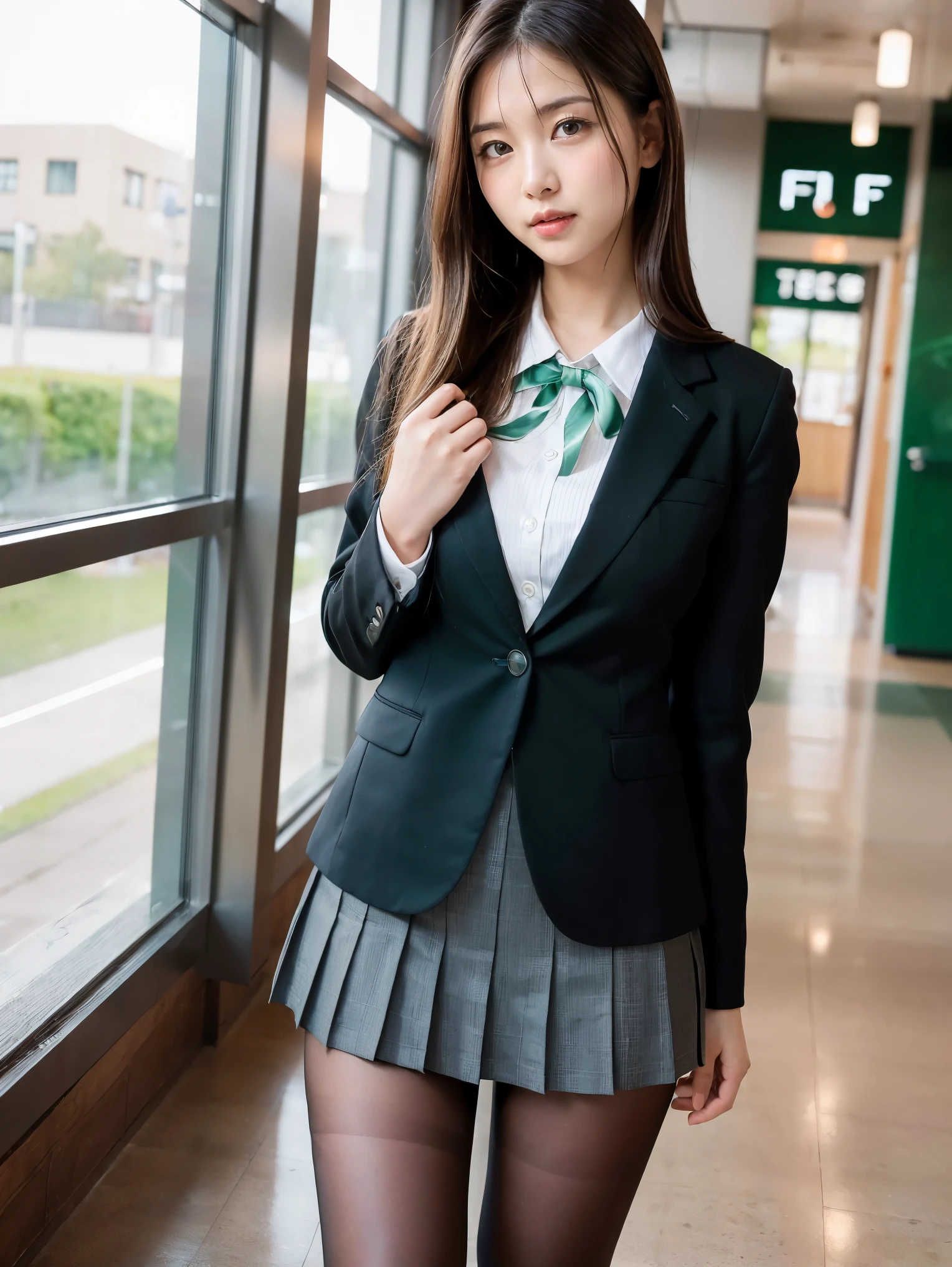 Great quality、8k、flying debris、(RAW Photos:1.4)、High resolution、((Composition away from the subject))、((Sit on the floor with your legs open)), 顔から足首までのFull body photo))、((Perfect Anatomy))、1 female 、Small build、Detailed skin、Glowing Skin、Baby Face、double eyelid、eyes with long eyelashes、Cute droopy eyes、Beautiful big eyes、Small face、smile、Open your mouth、Staring out the window in the school hallway、Stretch your back、The windows provide natural light、Realistic school scenery、middle School 、Blue and grey school bag on shoulder、Slender and delicate body、Small 、A blazer uniform with green lines、 、Check skirt、healthy、young woman、black tights、black tights、Brown loafers、loafers、Full Body Shot、Beautiful Hairstyles、Accentuates very slim legs(Please take a picture from the front.), (8k), (Highest quality: 1.5), (Realistic: 1.1), 超High resolution, Very detailed, Golden Ratio, (Two tall Japanese high school s), 24-years-old, (F Cup Big:1.7), Huge breastst engorge, Cleavage, (Full body (Very cute face, Overlooking here, Keep your hands on your hips), Simple uniforms, (Wearing a Japanese office lady uniform), Long sleeve uniform, ((thick and long legs)), ((Very wide thighs:1.6)), ((Very long legs:1.4)), (I always wear black pantyhose), (If it's tigt won't shine.、Very short), (Oily shiny black pantyhose),(ヒールが高いハイヒールloafersを着用lease take a picture from the front, (8k), (Highest quality), (Realistic), (Three tall Japanese high school s), 24-years-old, F Cup Big, (Full body photo), (Angry with a super cute face, Angry face, Overlooking here, Cleavageを強調するために腕を組む, (Very wide thighmp legs), (They always wear black stockings...),Simple uniforms, Wearing a monochrome Japanese uniform, Street Snap, Japanese blonde, blonde, short hair, hair band, Glare, Frowning, Makeup, Frowning, Frowningをする, Surrealism, First Person View, First Person View, Wide-angle, 超High resolution, Anatomically correct, Super Detail, 16K, プリーツミニスカートと黒ストッキングを履いた女性のFull Body Shot, Japanese , ( Ivory Black ), Japanese women's fashion model, ulzzang, Micro Mini Skirt, (スカートがVery short), (Very long legs), (Very wide thighs), (Plump legs), (She always wears black stockings...), (Wearing brown platform high heels), Accurate high heels, Knee socks