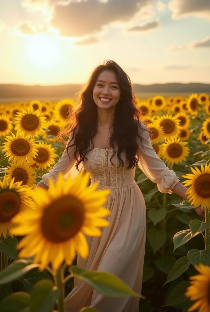woman with long dark hair dressed in an old dress in a field of sunflowers with a sun between clouds with great joy