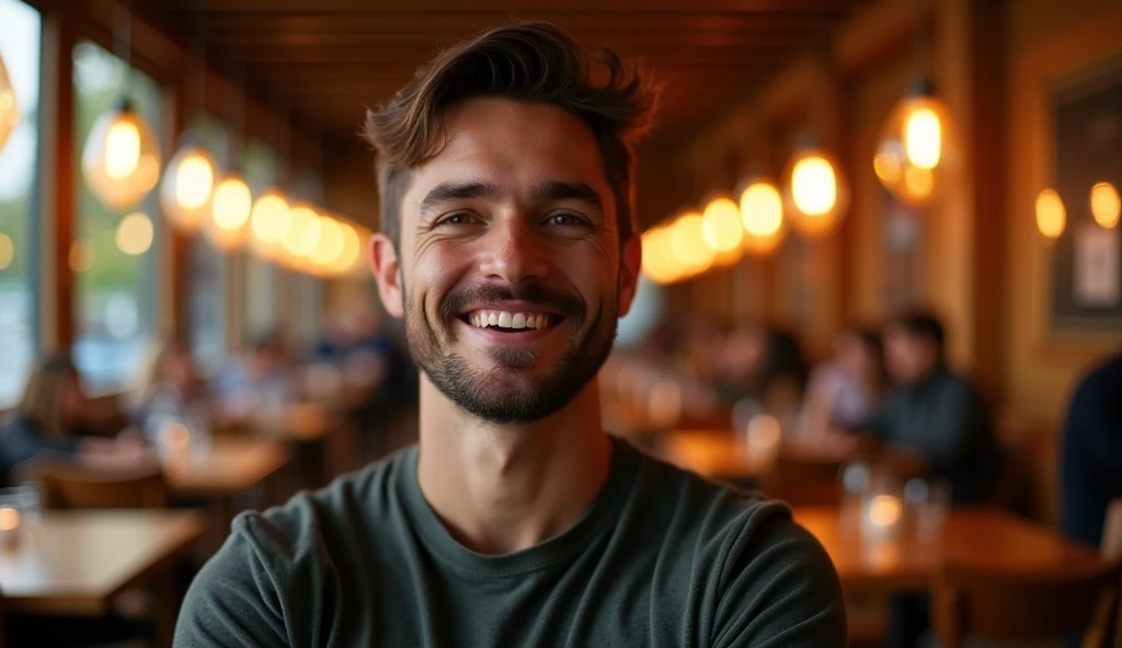 Create a real professional photo of a man in an indoor setting, suggesting a restaurant. The man should be slightly to the right of center, standing and looking directly at the camera. He should have short, slightly wavy dark brown hair and a sparse beard evenly distributed across his face. The man should have a smile on his face expressing joy and satisfaction. The lighting should be soft and come from the left (from the viewer's point of view), evenly illuminating the man's face and creating subtle shadows on the right. The background should be a restaurant with blurred elements, including tables, chairs, bokeh pendant lights and some blurred people in the background to add depth to the image. Use a warm, natural color palette, with wood tones and soft lighting, creating a warm and vibrant atmosphere. The image should be of high resolution and professional photographic quality, with attention to detail and realism.