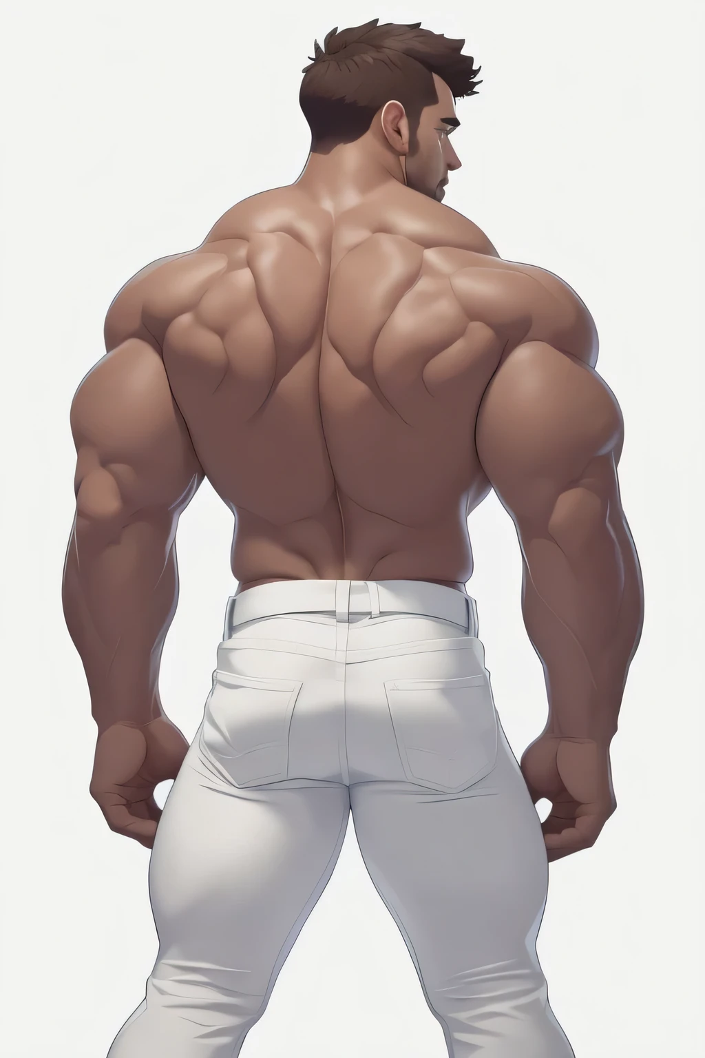 masterpiece, handsome , clear face, clear, eyes,back view,best quality, muscular, bara, mature male ,brown anime haircut, large pectorals, huge arms and hands, thick eye brows, wearing white jeans, white background