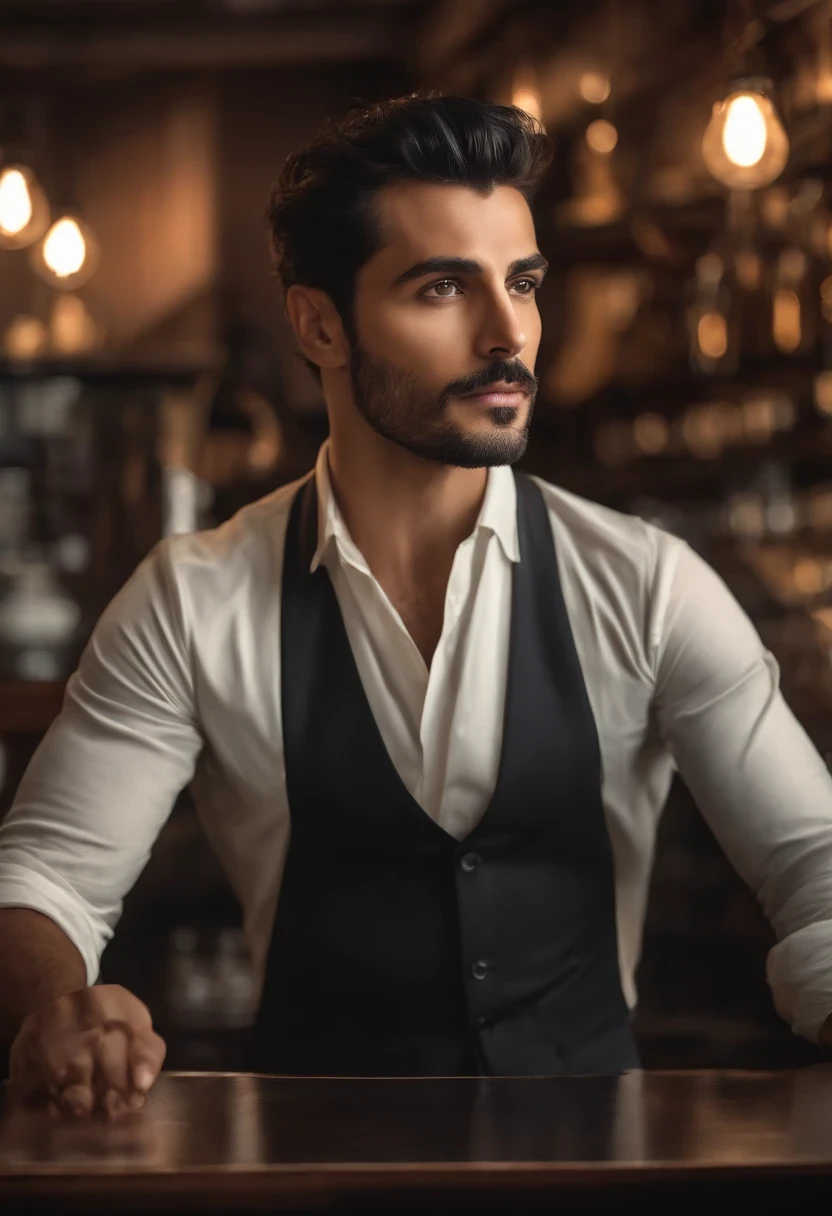 (front view) very detailed  photograph of a italian man, detailed coffee shop background, (with black hair), (dark eyes) (symmetric handsome face) nice and well defined nose, (well marked and angular jaw), proportioned and full lips, stunning realistic photography, realistic soft color, octane render, intricately detailed, sharp focus, stunning full color, shot on DSLR camera, 32k resolution, best quality, (focus on skin texture)