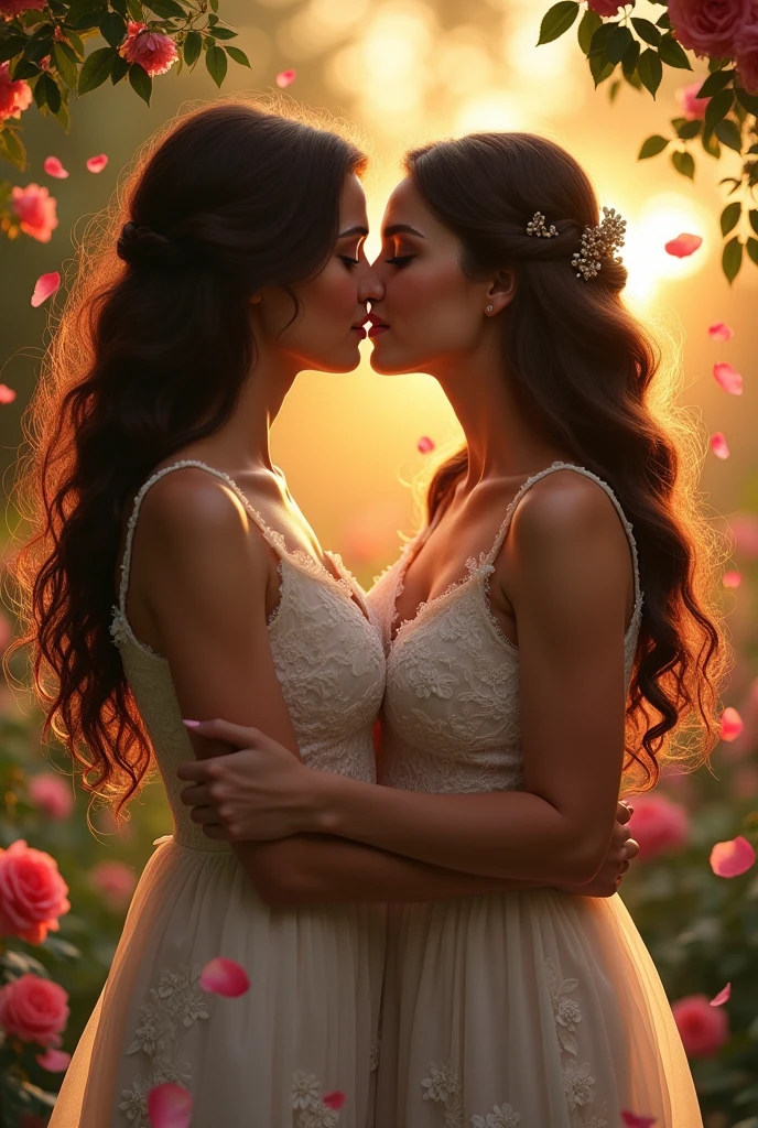 Stunning brunette women kissing, sensually embracing