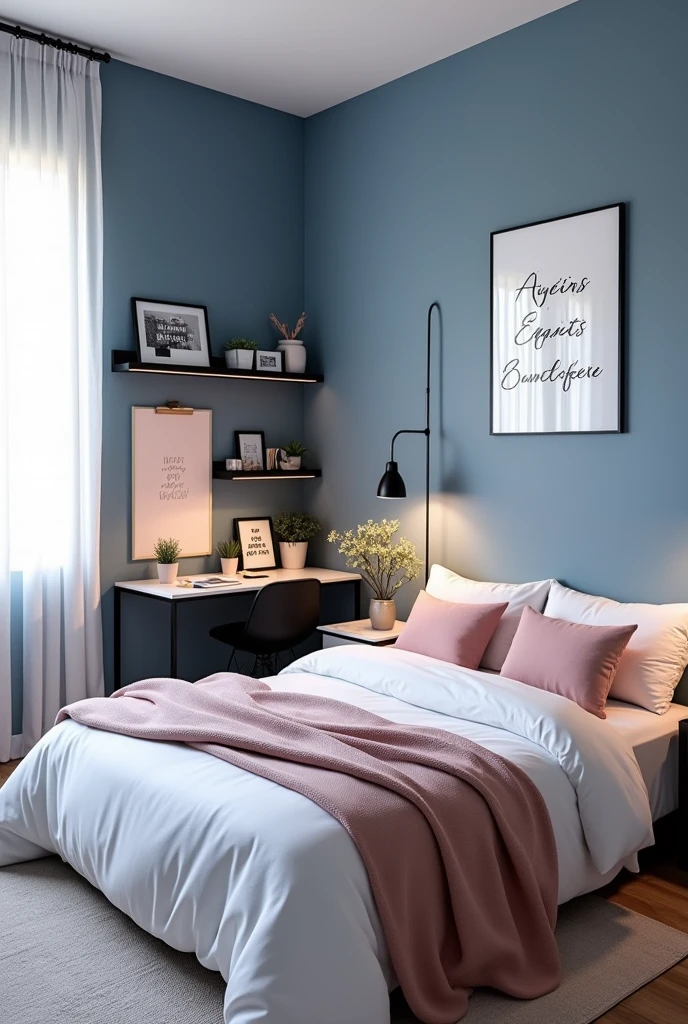 i want to makeover my bedroom to a aesthetic but minimalist bedroom but i have a little idea only. now my bedroom wall is blue colour. i dont think to change it. but i want to have some deco on the wall like some motivational quotes. and in my room i have study table which i want to decorate also with the study board. there are a queen bed which i want to have an aesthetic bedroom sheet with cute pillow. my room must have led strips lights to on at night. can you recreate with additional idea that you have? im a girl and i want my room combination colour just blue,white,pink and black.