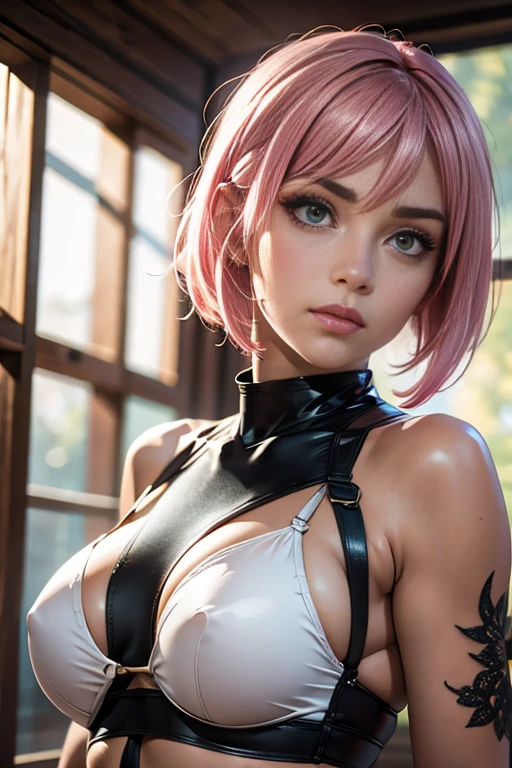 pink haired girl with parted bangs, green eyes, face scar, short hair, standing alone, upper body, (masterpiece), (best quality, 4k, 8k, highres, ultra-detailed, realistic, photorealistic, HDR, UHD, vivid colors, studio lighting, physically-based rendering, sharp focus), sakura, naruto shippuden, next generation, bolt, 1 girl