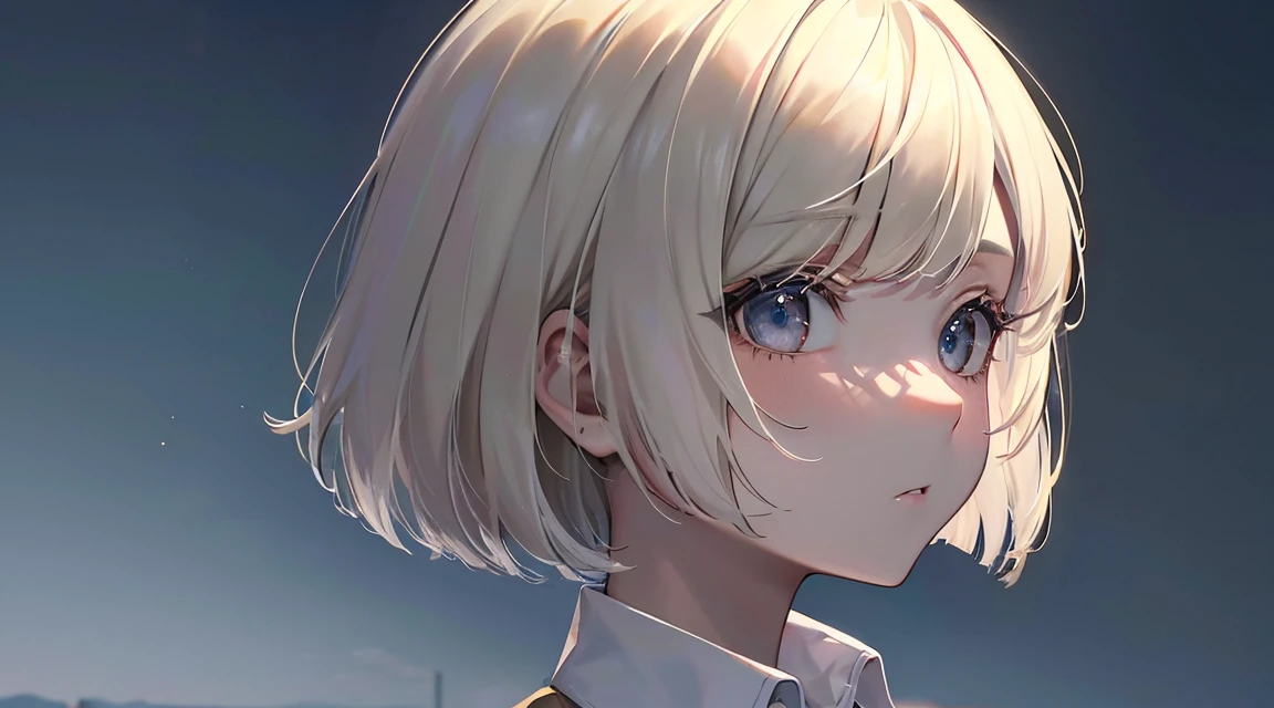 (Bob Cut Hair, Platinum Blonde Hair, profile:1.2),(Wear a cardigan over a collared shirt:1.2),1 person,Japanese,21 years old,(Small breasts:1.3),(Highest quality,masterpiece:1.3,超A high resolution,),(Ultra-detailed,Caustics),(Photorealistic:1.4,RAW shooting,)Ultra-Realistic Capture,Very detailed,High resolution 16K human skin close-up。 Natural skin texture、,Pores、、It needs to be detailed enough to be easily identifiable。 Skin should be even-toned and healthy looking。 Use natural light and colour, Sad expression, Looking at the camera, Perfect dynamic composition, Outdoor