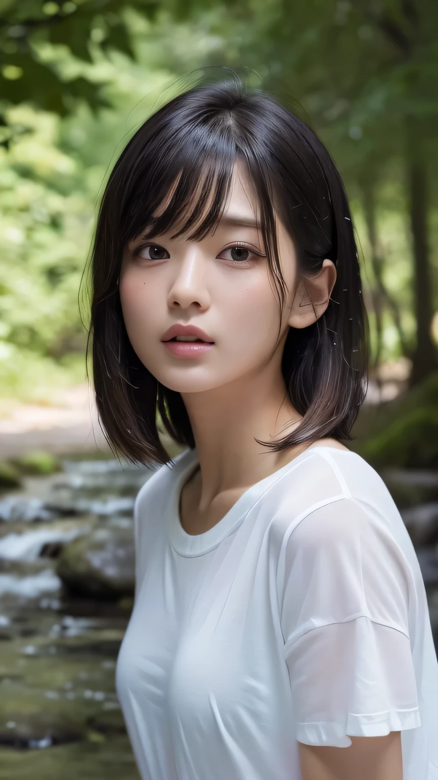 (Ultra-realistic), (figure), (High resolution), (8k), (Very detailed), (Best figure), (Beautiful and detailed), (Highest quality), (Super detailed), (masterpiece), (wallpaper), (Detailed face), alone, One Girl, watching viewer, Trendy clothes，White T-shirt、Less exposure、Fine details, Detailed face, In the Dark, Deep Shadow, Modest, Pure Erotic Face Ace_v1, cool, short hair, Pointed diagonal bangs，In a beautiful forest、stream、Water Play、Soaking wet、Wet Hair、Lost in Thought、岩に腰かけて足をstreamに浸す
