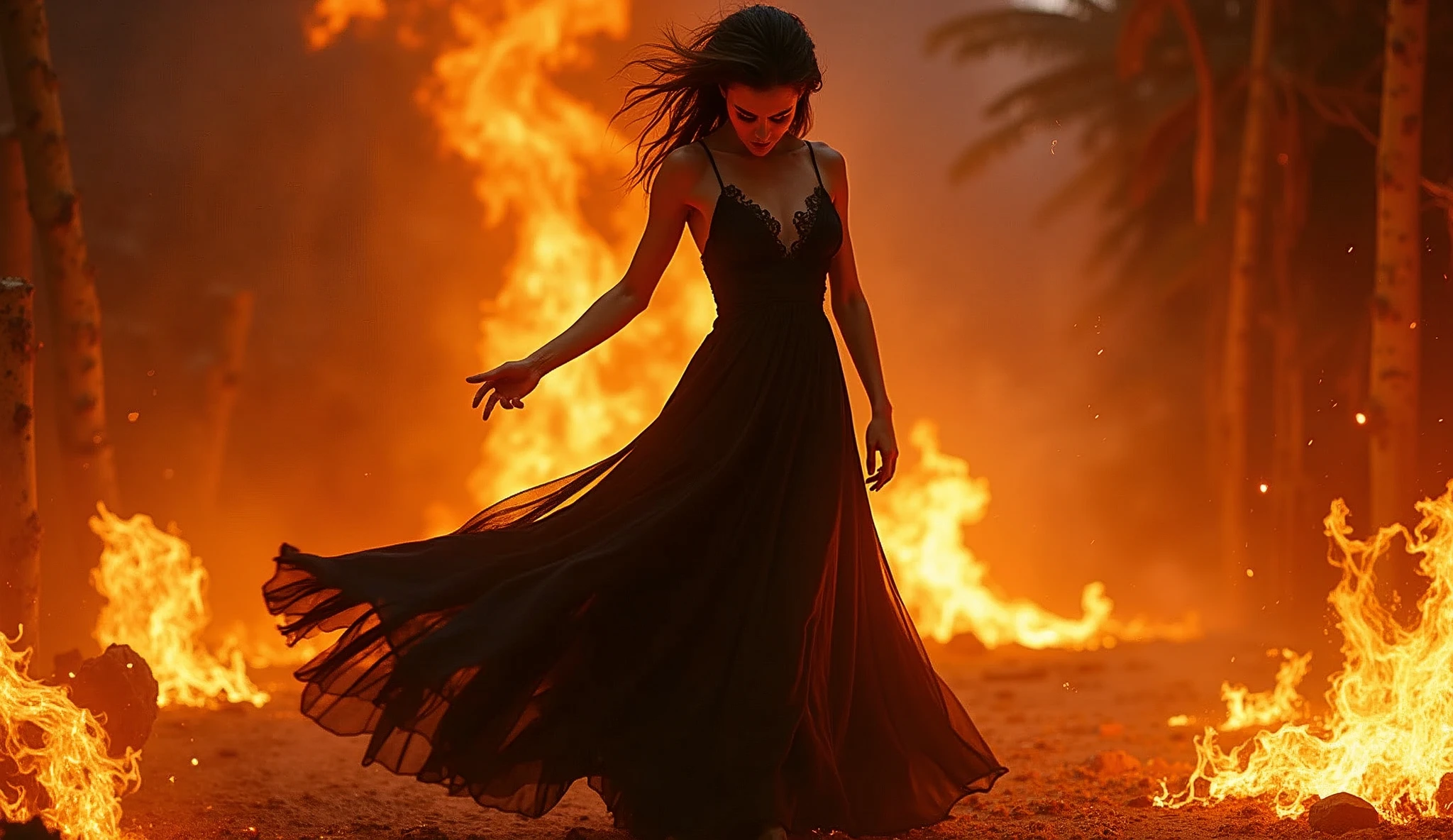 Sinister temptress with piercing red eyes and sharp fangs, dressed in an elegant yet revealing gown of midnight black, commanding the elements as she dances in a circle of hellfire, with dark entities emerging from the flames.