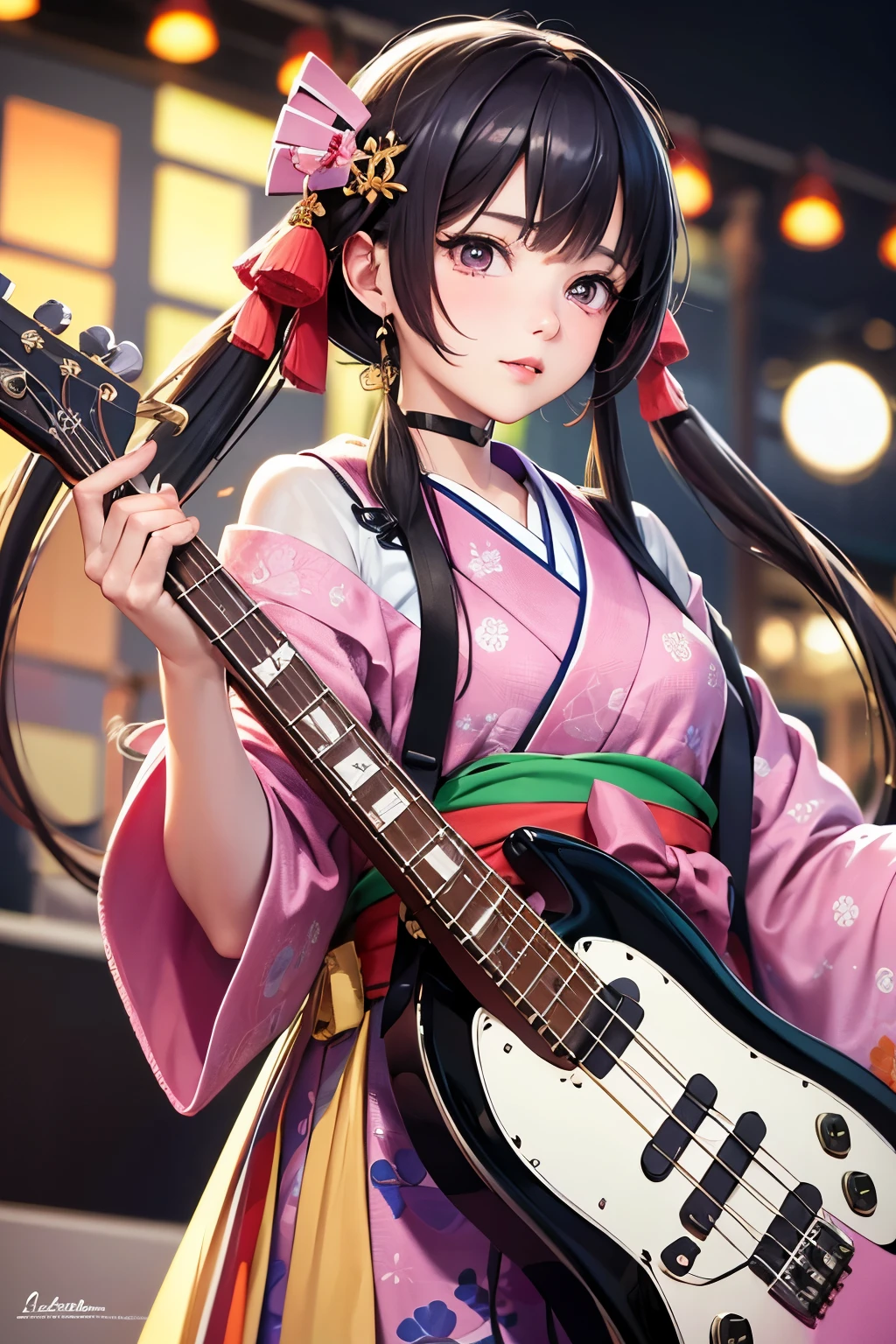 masterpiece, best quality, highly detailed, high resolution, expensive resolution, high resolution, 4k, 8k, Unity 8k wallpaper, highly detailed CG, masterpiece, 2d, 3d, beautiful details, depth, fine texture, best quality: 1.3, perfect focus, crispy skin, he, very cute anime girl, beautiful and cute girl in band playing bass guitar and singing in band wearing Japanese fancy patterned haori hakama on outdoor stage, full body, expensive black hair with pink inner short twin tail hair, mole under eye, looking at the viewer, expensive, blush, mole, open lips, , heart shaped choker, pink eyes, bass guitar, vocals, stage, outdoor festival stage
