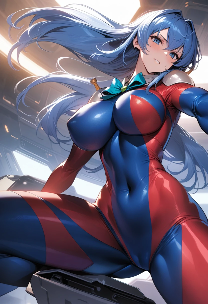 Neck ribbon,Perfect hands, Perfect Fingers,Perfect Anatomy, masterpiece, Highest quality,Anime Style, 16k hdr,One person, Large Breasts,Erect nipples,Blue Hair, Straight Long Hair,Mobile Trace Suit, Shoulder Armor,(Red and blue bodysuit:1.4),Sexy pose, Upper Body, cockpit,From below,Spread your legs