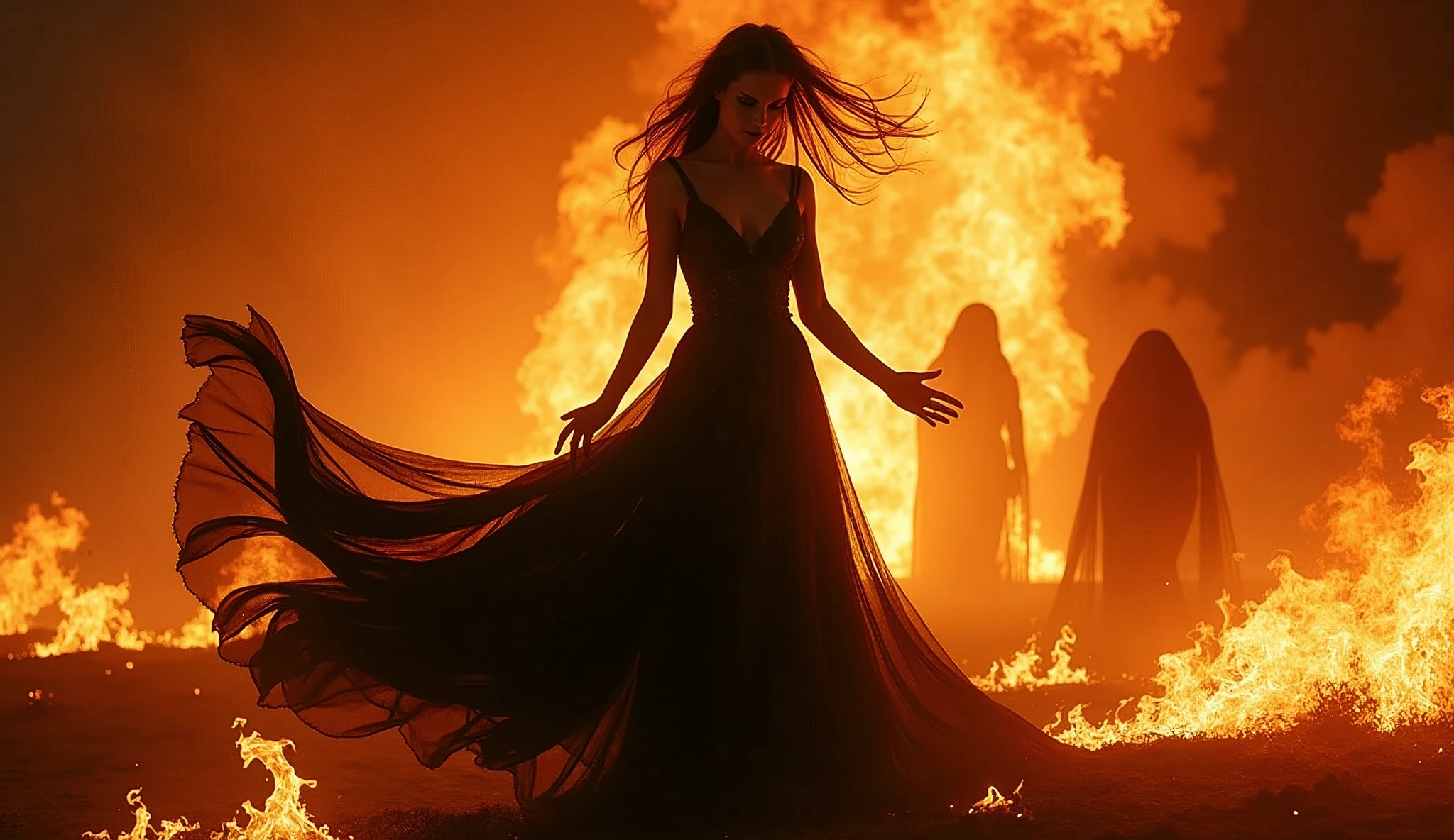 Sinister temptress with piercing red eyes and sharp fangs, dressed in an elegant yet revealing gown of midnight black, commanding the elements as she dances in a circle of hellfire, with dark entities emerging from the flames.