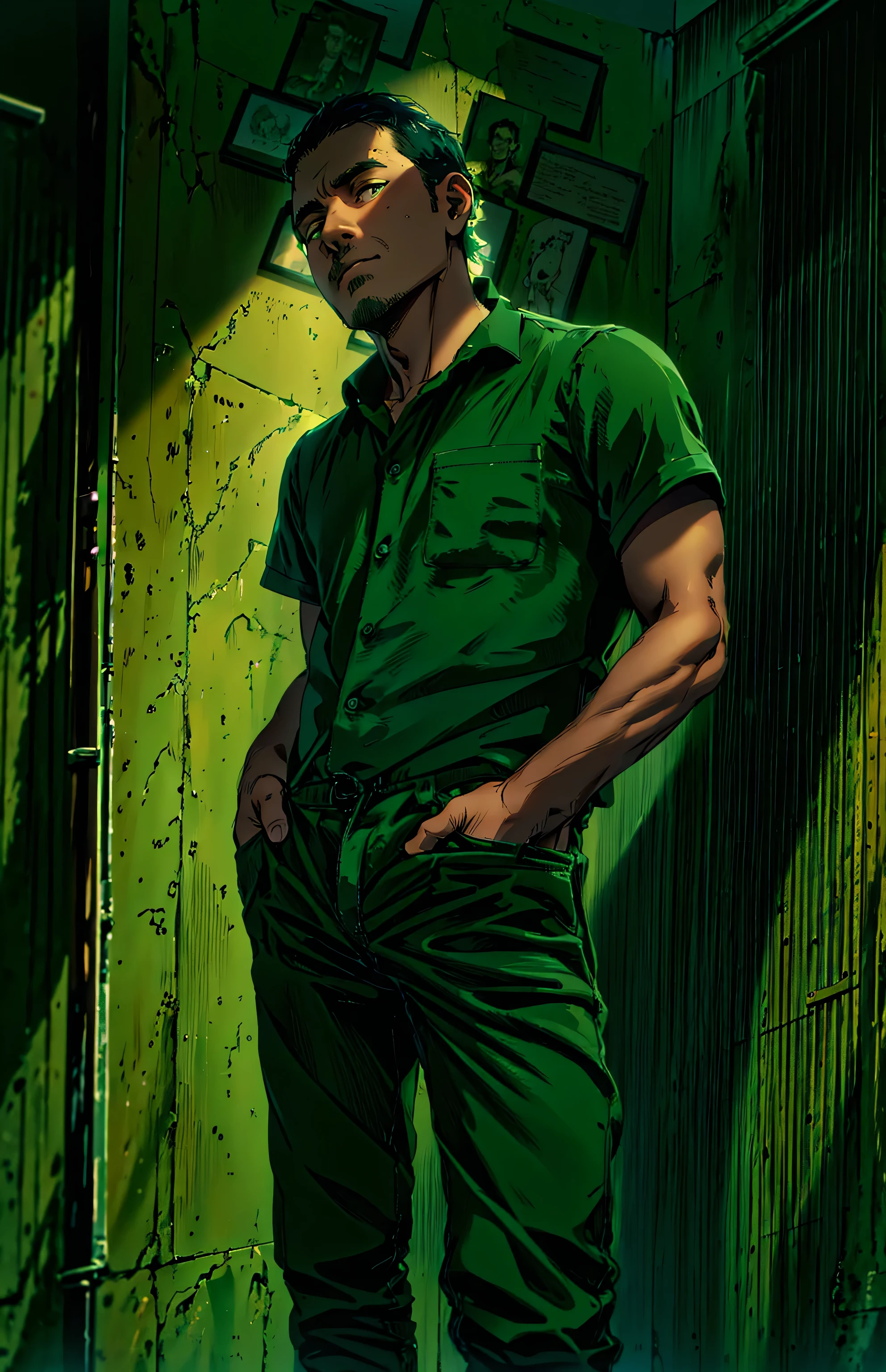 arafed man standing in front of a wall with pictures on it, with hands in pockets, green shirt, with a cool pose,cinematic outfit photo, full body photogenic shot, in a dark teal polo shirt, in style of davey adesida, in a dark green polo shirt, hands in pockets, wearing green, frontal pose