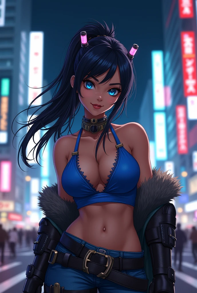 (1girl:1.3), (solo:1.2), curvy, (masterpiece:1.2), (best quality:1.2), (perfect anatomy:1.4), (dynamic pose:1.4), (confident:1.2), smile
coffeelove68, (thick lineart:1.2), soft lineart, (huge breasts:1.4), (cowboy shot:1.2), korra, long hair, (brown hair:1.2), black hair, blue eyes, ponytail, dark skin, dark-skinned female, topknot, (hair tubes:1.4), fur-trimmed jacket around waist, (blue halterneck top:1.3), armlet, vambraces, (bare shoulders:1.3), (arm_warmers:1.3), sleeveless, (shinjuku crossing:1.5), (tokyo:1.2), highrise buildings, (night:1.2), on the street, traffic lights,
