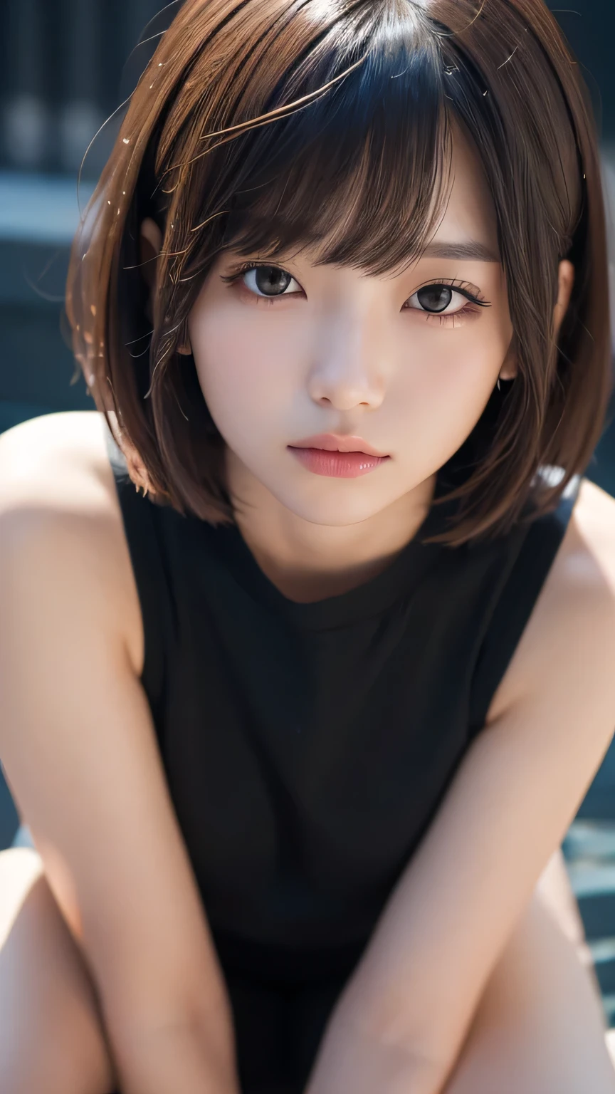 (Ultra-realistic), (figure), (High resolution), (8k), (Very detailed), (Best figure), (Beautiful and detailed), (Highest quality), (Super detailed), (masterpiece), (wallpaper), (Detailed face), alone, One Girl, watching viewer, Trendy clothes,Less exposure、Fine details, Detailed face, In the Dark, Deep Shadow, Modest, Pure Erotic Face Ace_v1, cool, short hair, Pointed diagonal bangs,Sit with your legs apart