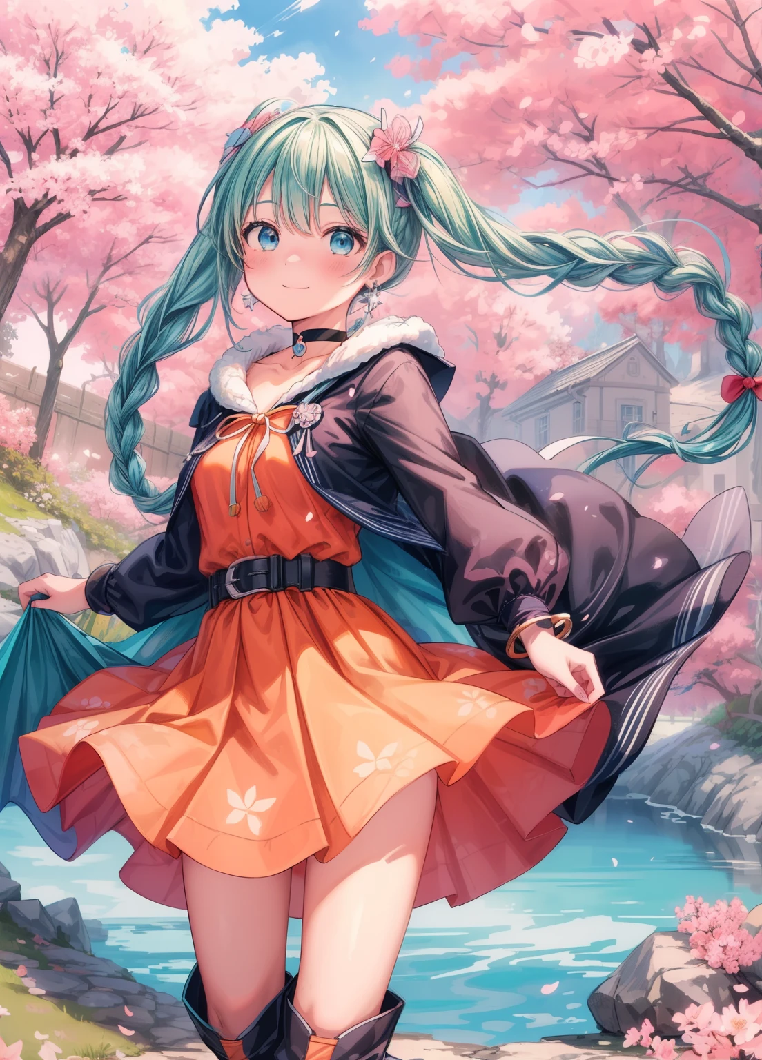 (masterpiece、Highest quality、Highest quality、Official Art、Beautiful and beautiful:1.2)、(One person:1.3)Hatsune Miku、Twin tails,Beautiful breasts, Katsushika Hokusai,masterpiece,Highest quality,High resolution,Very detailed,Bianca \(dq5\),blue eyes,Long Hair,Single Blade,Earrings,choker,Orange Cape,Green Dress,bracelet,belt,boots,(Wind power increase:1.2),blush,(Embarrassing:1.2),Outdoor,Castle gardens,dance、High resolution、Very detailed、Bianca \(dq5\)、blue eyes、Long Hair、1 braid、Earrings、choker、Orange Cape、Green Dress、bracelet、belt、boots、、、Outdoor、cherry blossoms、Are standing、smile、Cowboy Shot