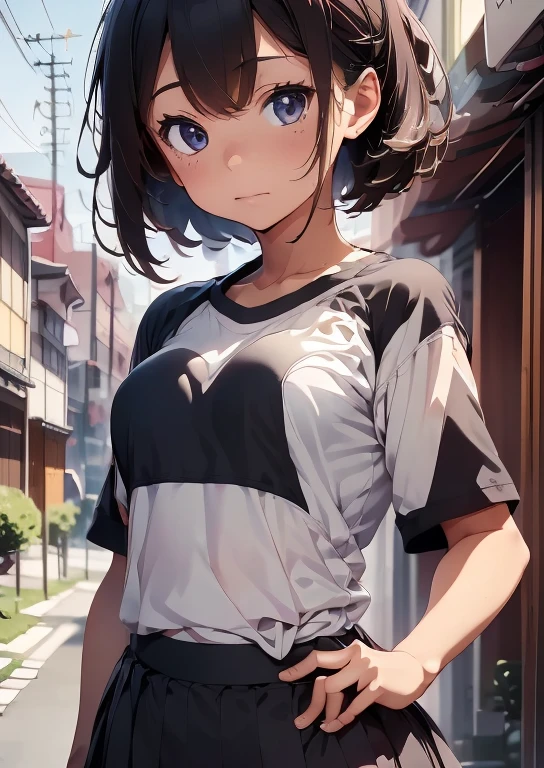 Kyoto animation style, (1 girl:1.2), (petite:1.4), {medium long shot}, best detailed girl, very short hair, cute anime face, large breasts, t-shirts, sporty shorts, black hair, best detailed girl, looking at viewers, hand on hip, grey background, masterpiece, best quality, high quality, Super beautiful illustrationsfacing forward,