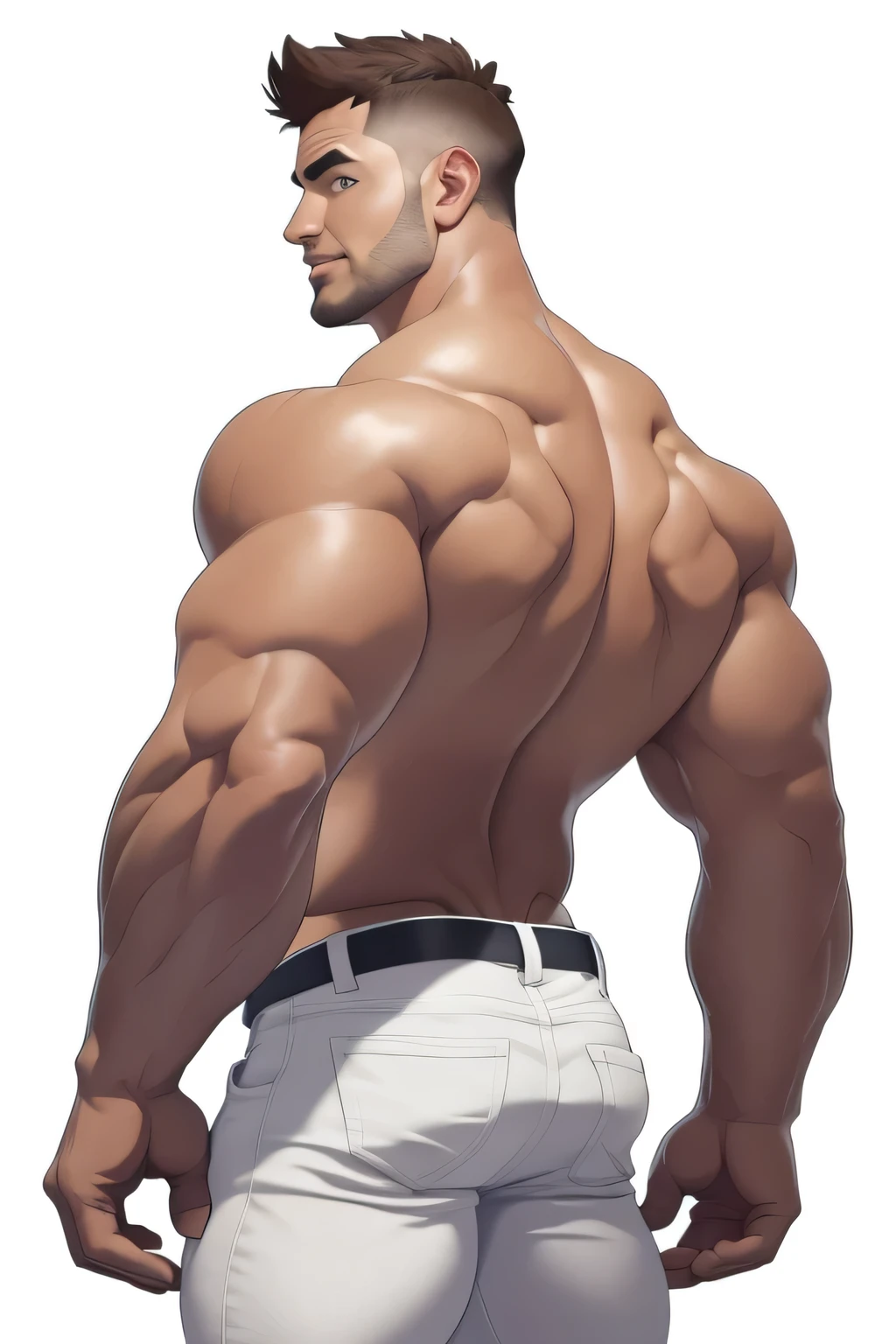 masterpiece, handsome , clear face, clear, eyes,back view,best quality, muscular, bara, mature male ,brown anime haircut, large pectorals, huge arms and hands, thick eye brows, wearing white jeans, white background