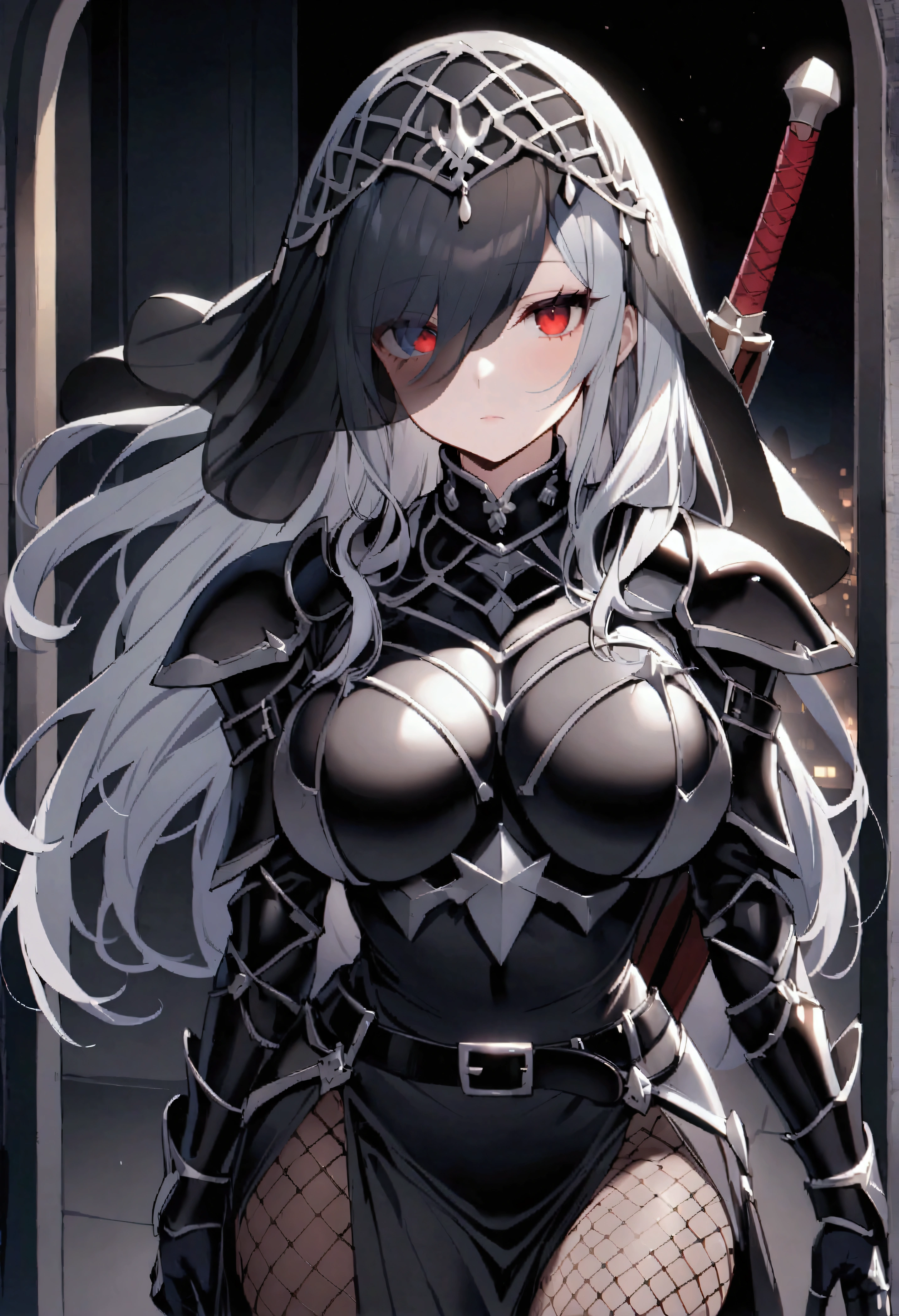 Striped hair, french braid, mismatched pupils, Chiaroscuro, illuminating, Gothic art, 16k, Best quality, Anatomically correct, High details，cavalier，holy paladin，Leather bandages，Metal chains，big tit，(Armor)，Heavy armor，Gorgeous armor