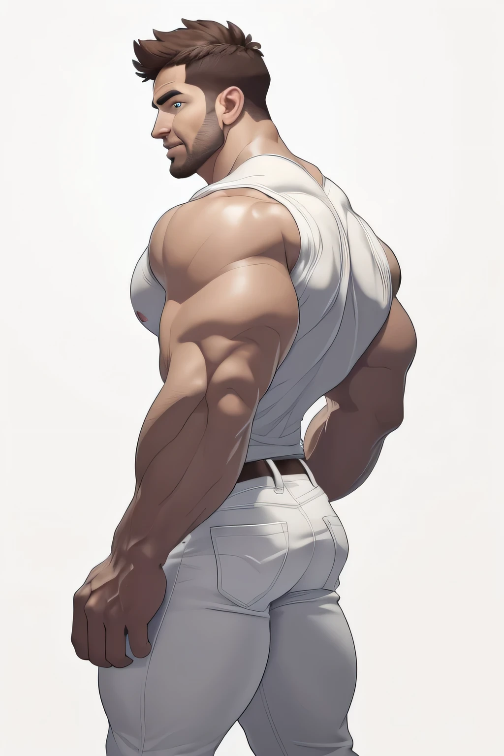 masterpiece, handsome , clear face, clear, eyes,back view,best quality, muscular, bara, mature male ,brown anime haircut, large pectorals, huge arms and hands, thick eye brows, wearing white jeans, white background