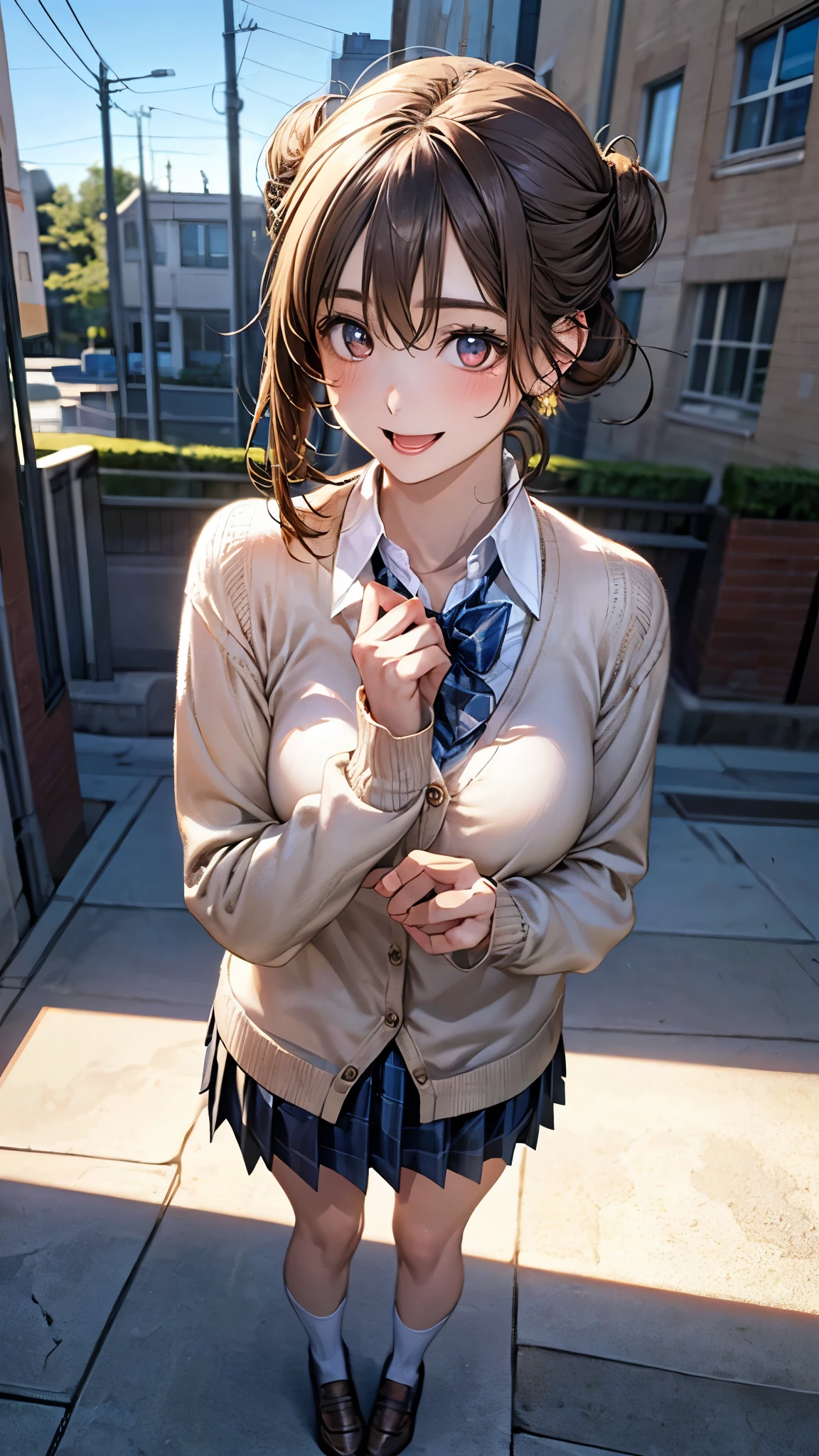 (masterpiece:1.2, highest quality), (realistic photo:1.4), beautiful illustrations, (natural side lighting, movie lighting),
beautiful hair, beautiful face, detailed and beautiful eyes, beautiful clavicle, beautiful body, beautiful breasts, beautiful thighs, beautiful feet, beautiful fingers,
looking at the viewer, 1 girl, high school girl, (perfect anatomy, anatomically correct, super detailed skin), cute symmetrical face, baby face, perfect face, perfect eyes,
(middle hair, (single hair bun), light brown hair), hair between eyes, gold eyes, big eyes, long eye lasher, (medium breasts, seductive thighs), perfect body, shiny skin, slender,
(detailed cloth texture, break white collared shirt, break (long sleeve khaki color knit cardigan), break blue pleated skirt, blue plaid bow tie), break
(beautiful scenery), night, (school yard;1.2), standing, break (own hands together), break (happy smile, open mouth, feeling of satisfaction),