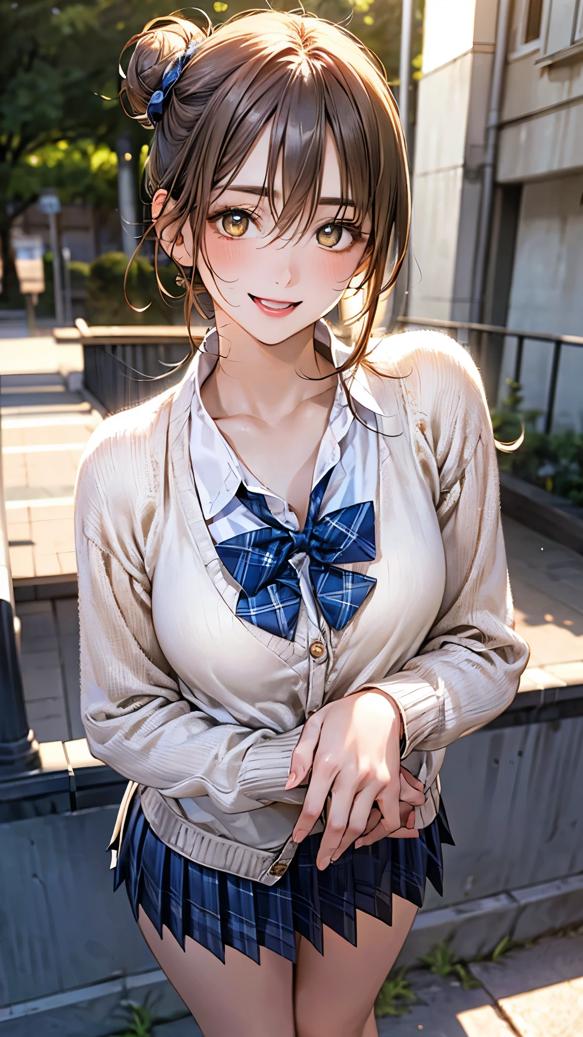 (masterpiece:1.2, highest quality), (realistic photo:1.4), beautiful illustrations, (natural side lighting, movie lighting),
beautiful hair, beautiful face, detailed and beautiful eyes, beautiful clavicle, beautiful body, beautiful breasts, beautiful thighs, beautiful feet, beautiful fingers,
looking at the viewer, 1 girl, high school girl, (perfect anatomy, anatomically correct, super detailed skin), cute symmetrical face, baby face, perfect face, perfect eyes,
(middle hair, (single hair bun), light brown hair), hair between eyes, gold eyes, big eyes, long eye lasher, (medium breasts, seductive thighs), perfect body, shiny skin, slender,
(detailed cloth texture, break white collared shirt, break (long sleeve yellow knit cardigan), break blue pleated skirt, blue plaid bow tie), break
(beautiful scenery), night, (school yard;1.2), standing, break (own hands together), break (happy smile, open mouth, feeling of satisfaction),