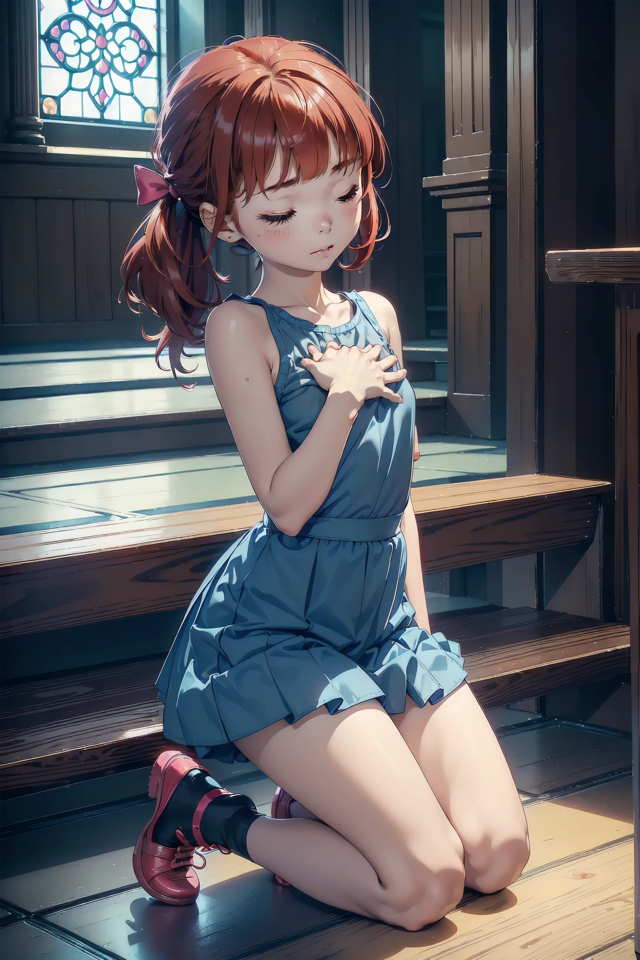 ((top quality, ultra-detailed, high resolution, extremely detailed CG, unity 8k wallpaper, by famous artist, perfect anatomy, super detailed skin, cinematic lighting, UHD, retina, anatomically correct, 1080P)), (Please draw a single one girl praying to God in a Christian church:1.3), ((1girl)), (Solo, face,-yeld:2. a junior hipetit girl, chibi, babyface)) androgynous charm, (Medium hair, ((full red hair)) ((redhead)), pigtails, straight bangs, with a bow in her hair, ((very thin legs)), ((skinny legs, thin body, small build)), Full limbs, complete fingers, ((perfect fingers and hands)), flat chest, small breasts, childish body, small butt, groin, Beautiful detailed full yellow gold eyes, perfect eyes, ((cute kawaii blue and pink dress)) (Detailed Lighting), (christian church background)), (Detailed scenary background), (praying to God)), full body view, Cute, kawaii single girl (one girl), full body shot, ((little young 13 years old body:1.3)losed and hands as a sign of prayers:1.3)), ((long skirt)), ((shoes))