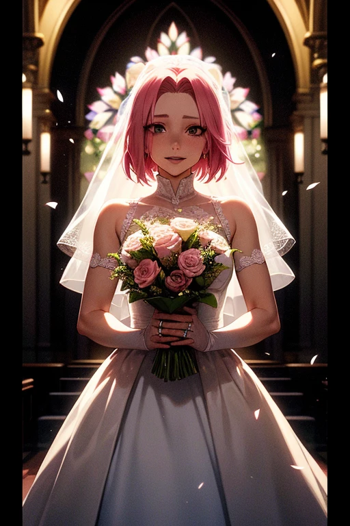 Sakura Haruno, ((One)), One, bride, wearing a white wedding dress, queen, happy, ((forehead, to show)), standing, entering the church, pink hair, short hair, Gentle, young, short hair, detailed face, a high resolution, ((whole body)), (flowers around her), whole body, she is a Beautiful woman getting married, face with high quality, Beautiful, shining