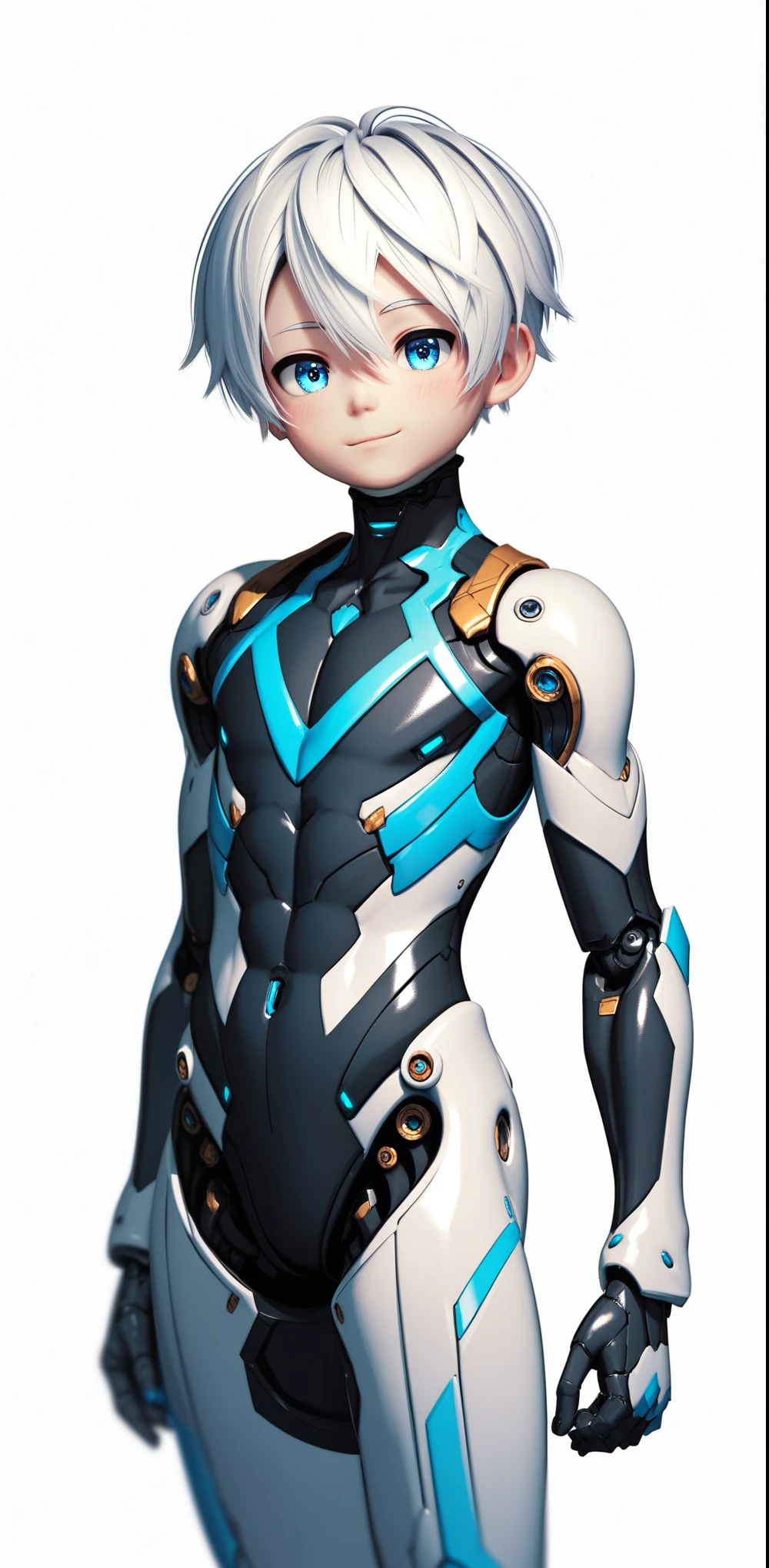 (((Full body image))) of A lifelike android robot (((boy))), intricate android seams on smooth glossy fair skin, short white hair, beautiful blue eyes, (best quality,4k,8k,highres,masterpiece:1.2),ultra-detailed, android,solo, ((shota)), white bodysuit with blue and black accents, cute small smile