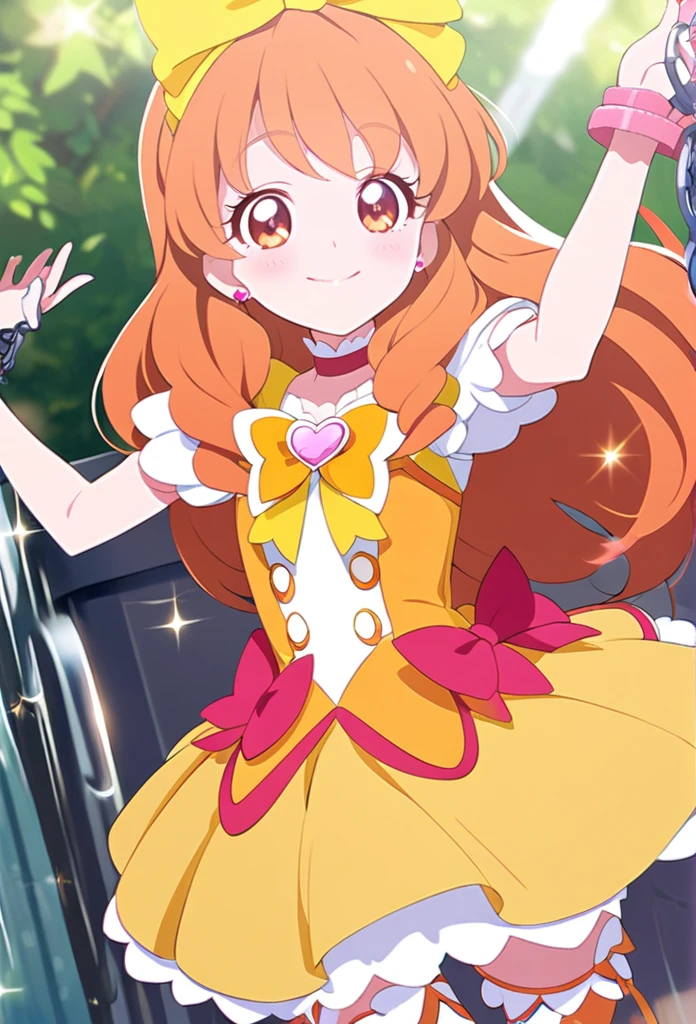 ((masterpiece、Highest quality))1 person、like change、cute、Orange Skirt、Orange Hair、Long Hairstyles、Orange eyes、smile、smile、vision、Sparkling、Red cheeks、ribbon、Pretty Cure Costume、arms、handcuffs、Bondage Play、My eyes are watering
