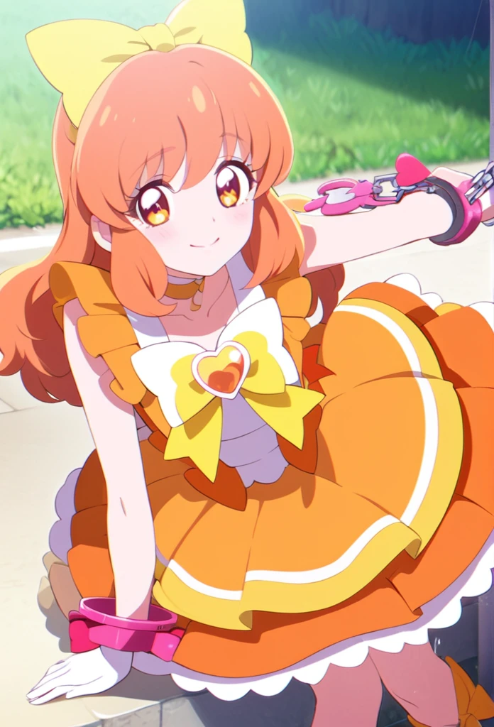 ((masterpiece、Highest quality))1 person、like change、cute、Orange Skirt、Orange Hair、Long Hairstyles、Orange eyes、smile、smile、vision、Sparkling、Red cheeks、ribbon、Pretty Cure Costume、arms、handcuffs、Bondage Play、My eyes are watering