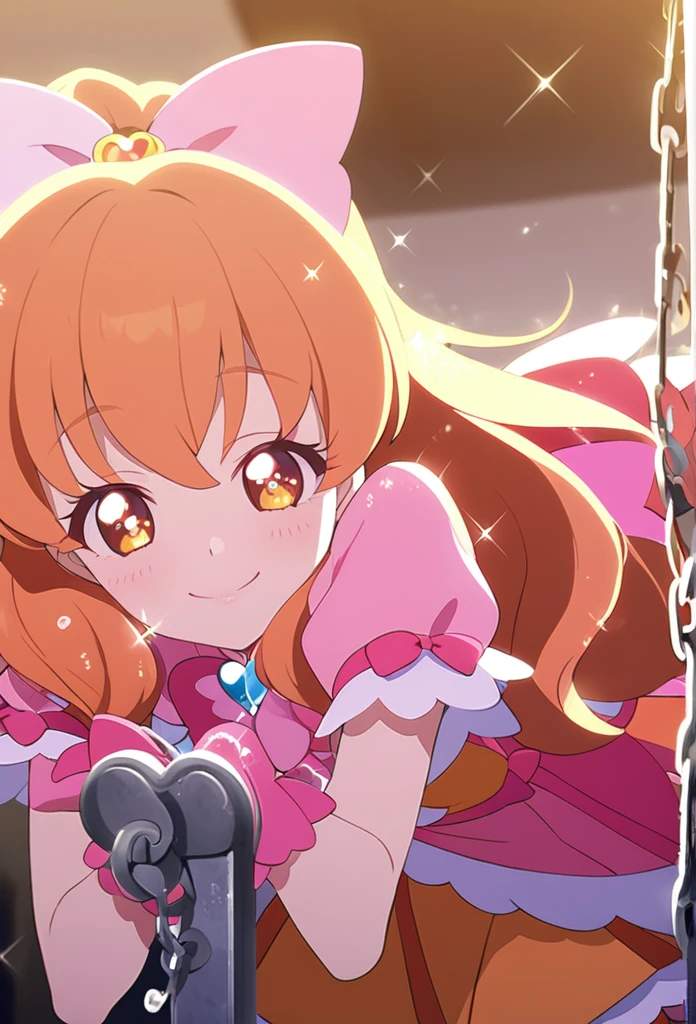 ((masterpiece、Highest quality))1 person、like change、cute、Orange Skirt、Orange Hair、Long Hairstyles、Orange eyes、smile、smile、vision、Sparkling、Red cheeks、ribbon、Pretty Cure Costume、arms、handcuffs、Bondage Play、My eyes are watering