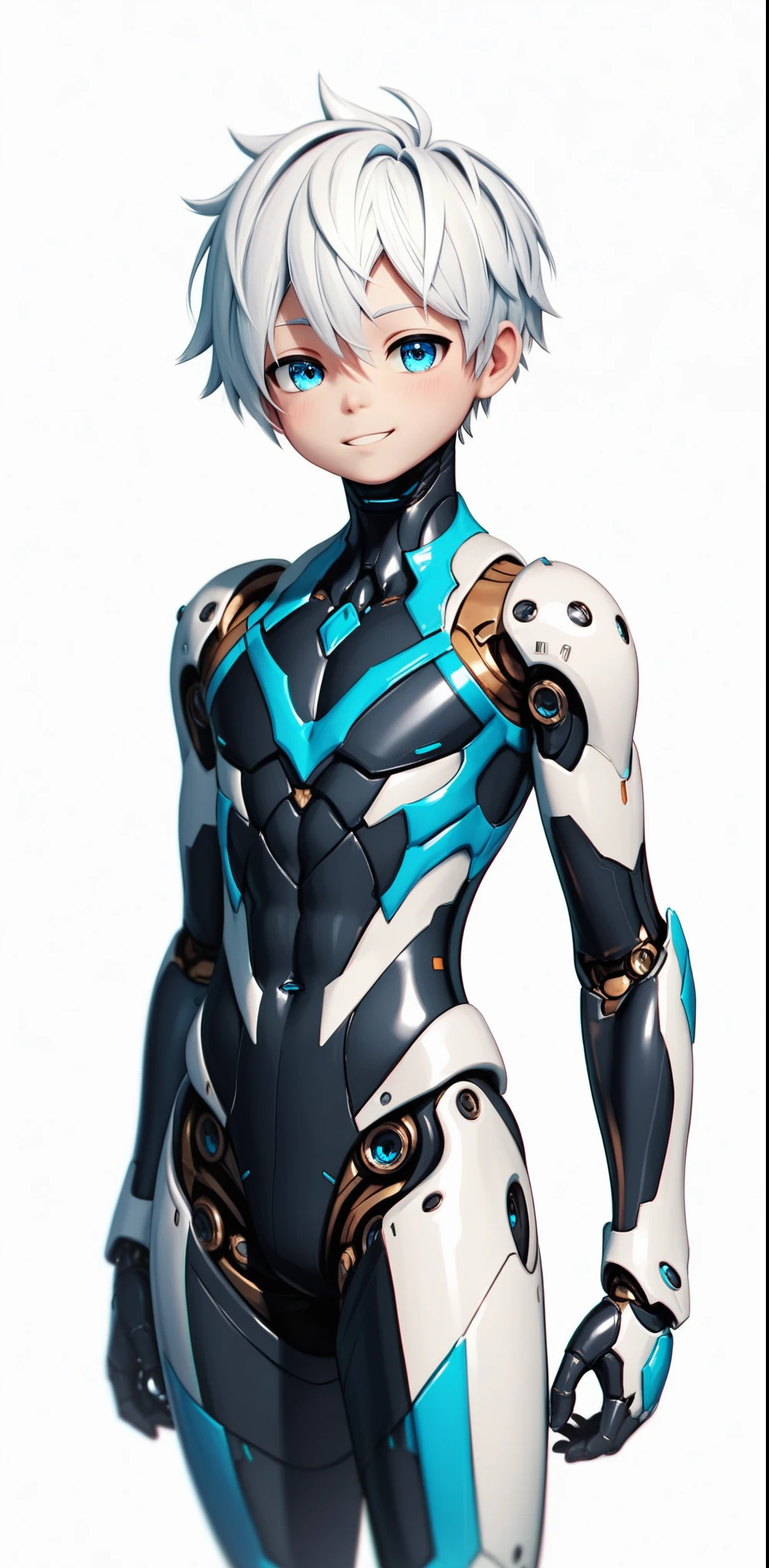 (((Full body image))) of A lifelike android robot (((boy))), intricate android seams on smooth glossy fair skin, short white hair, beautiful blue eyes, (best quality,4k,8k,highres,masterpiece:1.2),ultra-detailed, android,solo, ((shota)), white bodysuit with blue and black accents, smiling
