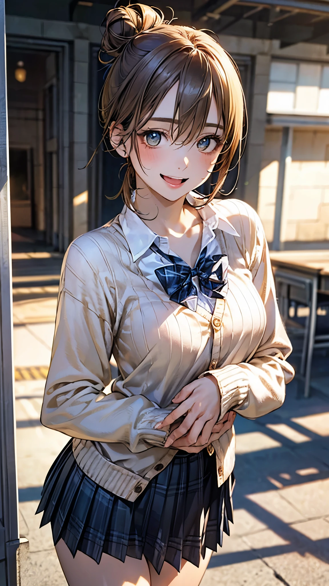 (masterpiece:1.2, highest quality), (realistic photo:1.4), beautiful illustrations, (natural side lighting, movie lighting),
beautiful hair, beautiful face, detailed and beautiful eyes, beautiful clavicle, beautiful body, beautiful breasts, beautiful thighs, beautiful feet, beautiful fingers,
looking at the viewer, 1 girl, high school girl, (perfect anatomy, anatomically correct, super detailed skin), cute symmetrical face, baby face, perfect face, perfect eyes,
(middle hair, (single hair bun), light brown hair), hair between eyes, gold eyes, big eyes, long eye lasher, (medium breasts, seductive thighs), perfect body, shiny skin, slender,
(detailed cloth texture, break white collared shirt, break (long sleeve yellow knit cardigan), break blue pleated skirt, blue plaid bow tie), break
(beautiful scenery), night, (school yard;1.2), standing, break (own hands together), break (happy smile, open mouth, feeling of satisfaction),