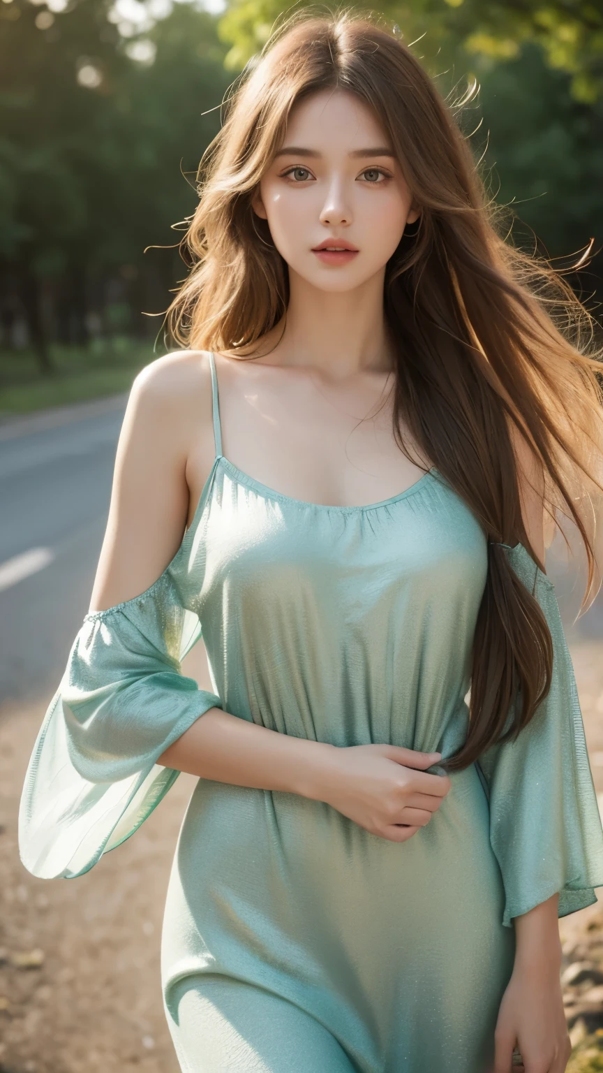 a beautiful young woman with hippie-style hair and dress, detailed eyes and lips, cinematic 8K resolution, photorealistic, shine body