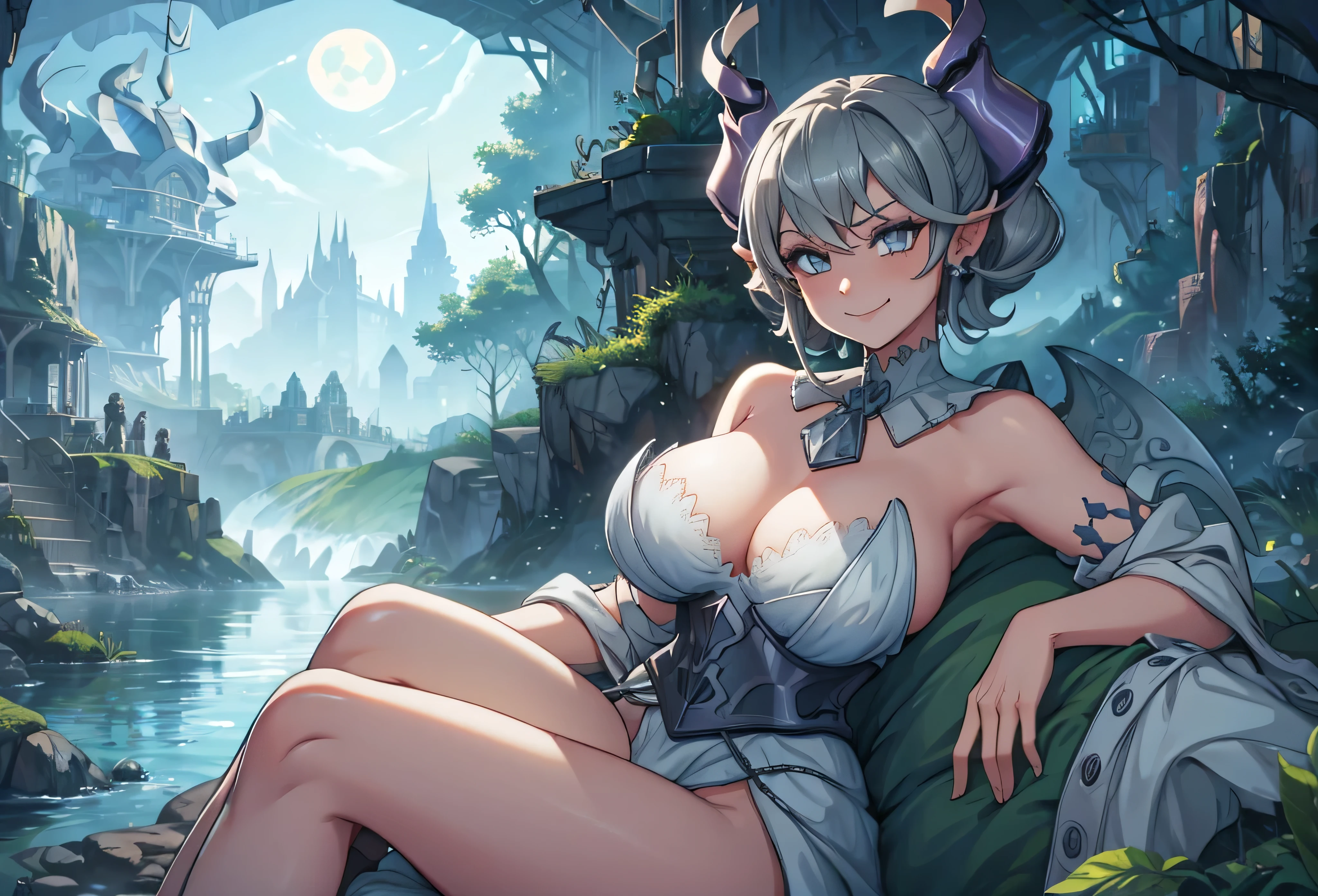 Night moonlight Waterfalls High level image quality best image quality 8K adult woman background a lake in the middle of jungle outside more colors whole body view portrait wearing dress horn ears short hair((shortcut)(gray hair)(perm)(fluffy)) eye color is blue , , attractive evil face , evil smile , sexy pose , labrynth , barearm , under the sea , sitting with crossed legs , long legs , view from side ,