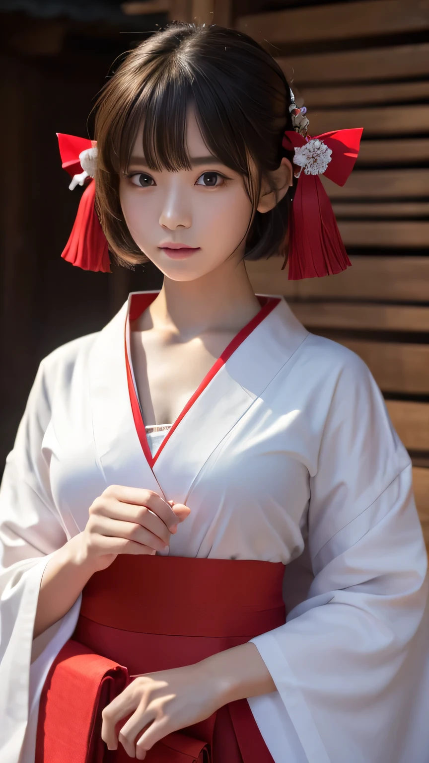 (Ultra-realistic), (figure), (High resolution), (8k), (Very detailed), (Best figure), (Beautiful and detailed), (Highest quality), (Super detailed), (masterpiece), (wallpaper), (Detailed face), alone, One Girl, watching viewer, Shrine maiden、White kimono、Red long skirt,shrine、Less exposure、Fine details, Detailed face, In the Dark, Deep Shadow, Modest, Pure Erotic Face Ace_v1, cool, short hair, Pointed diagonal bangs,