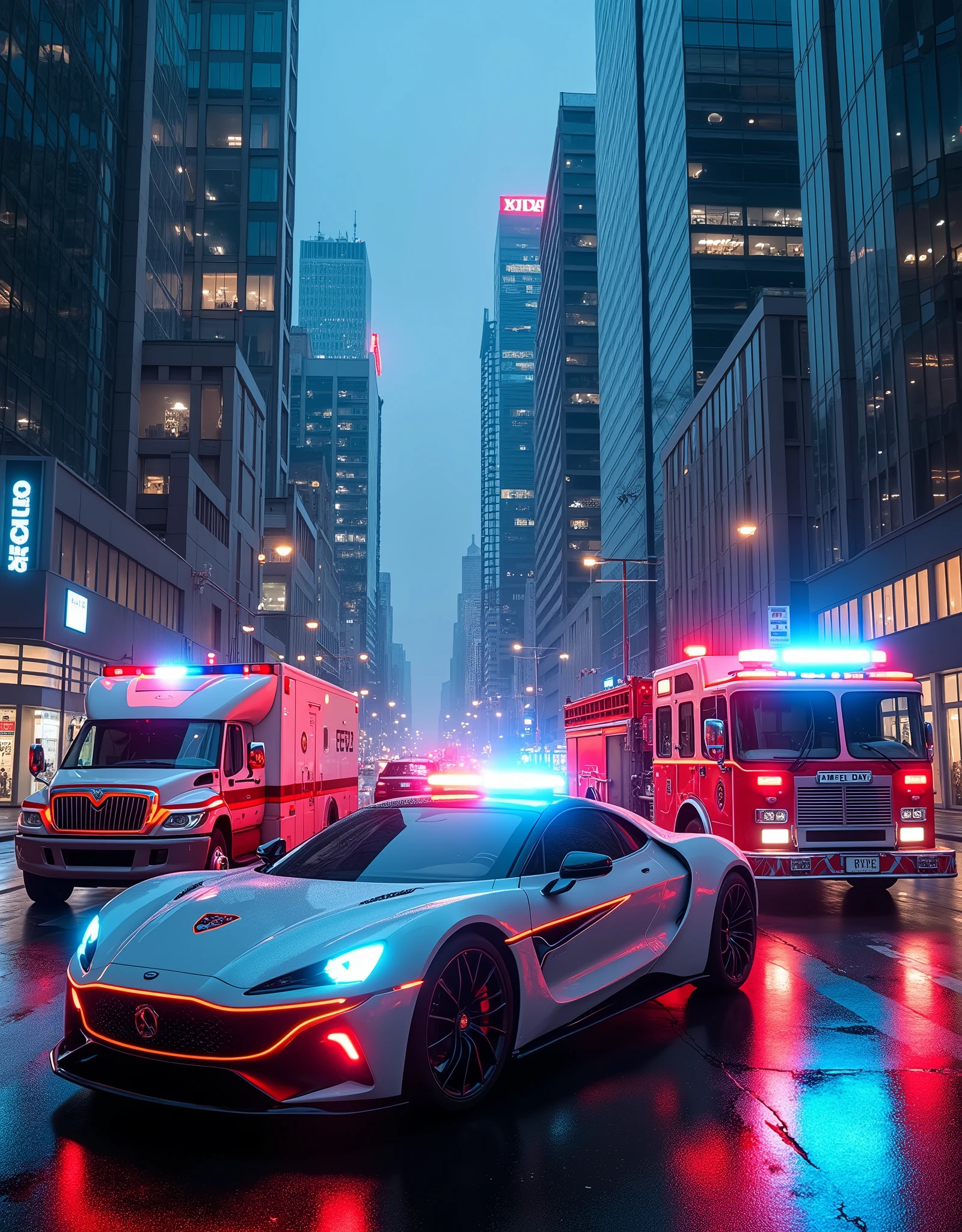 a high-tech futuristic city, highly detailed emergency vehicles, ambulance, police car, fire truck, ultra-realistic, 8k, photorealistic, cinematic lighting, dramatic composition, vibrant colors, advanced technology, sleek and modern design, emergency response, public safety, (best quality,4k,8k,highres,masterpiece:1.2),ultra-detailed,(realistic,photorealistic,photo-realistic:1.37)