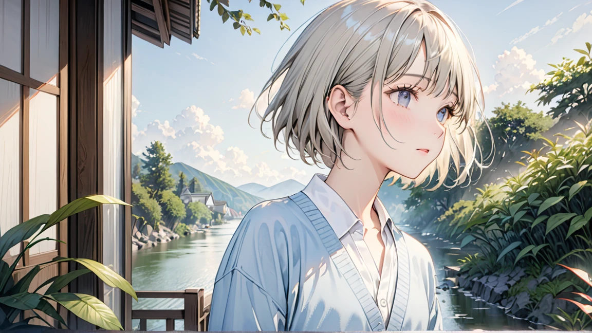 (Bob Cut Hair, Platinum Blonde Hair, profile:1.2),(Wear a cardigan over a collared shirt:1.2),1 person,Japanese,21 years old,(Small breasts:1.3),(Highest quality,masterpiece:1.3,超A high resolution,),(Ultra-detailed,Caustics),(Photorealistic:1.4,RAW shooting,)Ultra-Realistic Capture,Very detailed,High resolution 16K human skin close-up。 Natural skin texture、,Pores、、It needs to be detailed enough to be easily identifiable。 Skin should be even-toned and healthy looking。 Use natural light and colour, Sad expression, Looking at the camera, Perfect dynamic composition, Outdoor