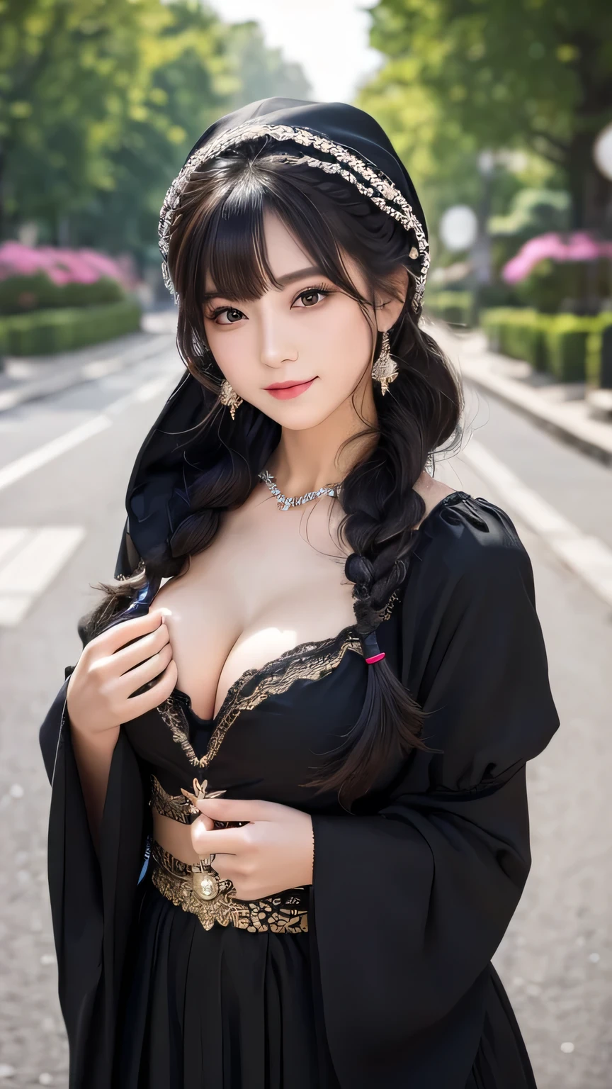 (masterpiece:1.3), (8k, Photorealistic, Raw photo, Best image quality: 1.4), Japanese 、Take a full-body photo，gypsy，Fortuneteller，Black costume，Hide your chest、Less exposed skin、Take a full-body photo、Black long skirt、Pensive、Wearing a hood，crystal，Natural color lip，(Random Hairstyles:1.2)、Cleavage:1.2、Super detailed face、Attention to detail、double eyelid、Put your chest together、Sharp focus:1.2、Beautiful woman:1.4、Black Hair、highest quality、masterpiece、超A high resolution、(Photorealistic:1.4)、Highly detailed and professionally lit smile、