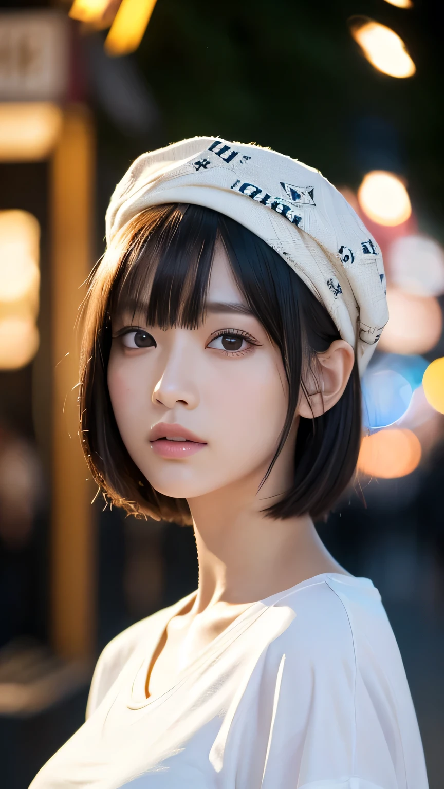 (Ultra-realistic), (figure), (High resolution), (8k), (Very detailed), (Best figure), (Beautiful and detailed), (Highest quality), (Super detailed), (masterpiece), (wallpaper), (Detailed face), alone, One Girl, watching viewer, Trendy clothes,White T-shirt、Less exposure、Fine details, Detailed face, In the Dark, Deep Shadow, Modest, Pure Erotic Face Ace_v1, cool, short hair, Pointed diagonal bangs,yukata、firework、night、Pensive