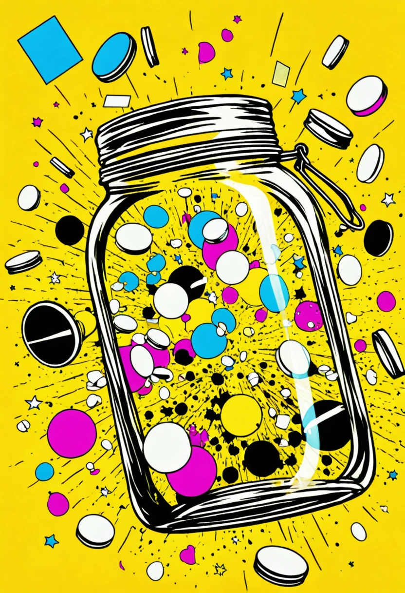 low quality、Pop Art、Transparent jar、Floating、diagonal、Drugs、Round tablet、Spill、Dancing in the air、Yellow background